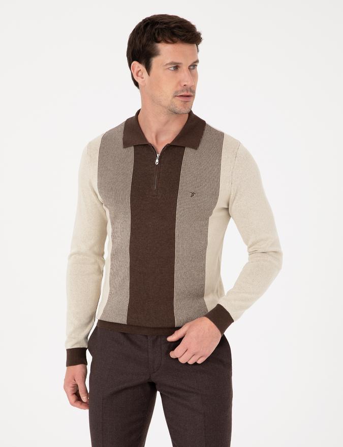 Kahverengi Slim Fit Pamuk Karışımlı Fermuarlı Polo Yaka Triko Kazak