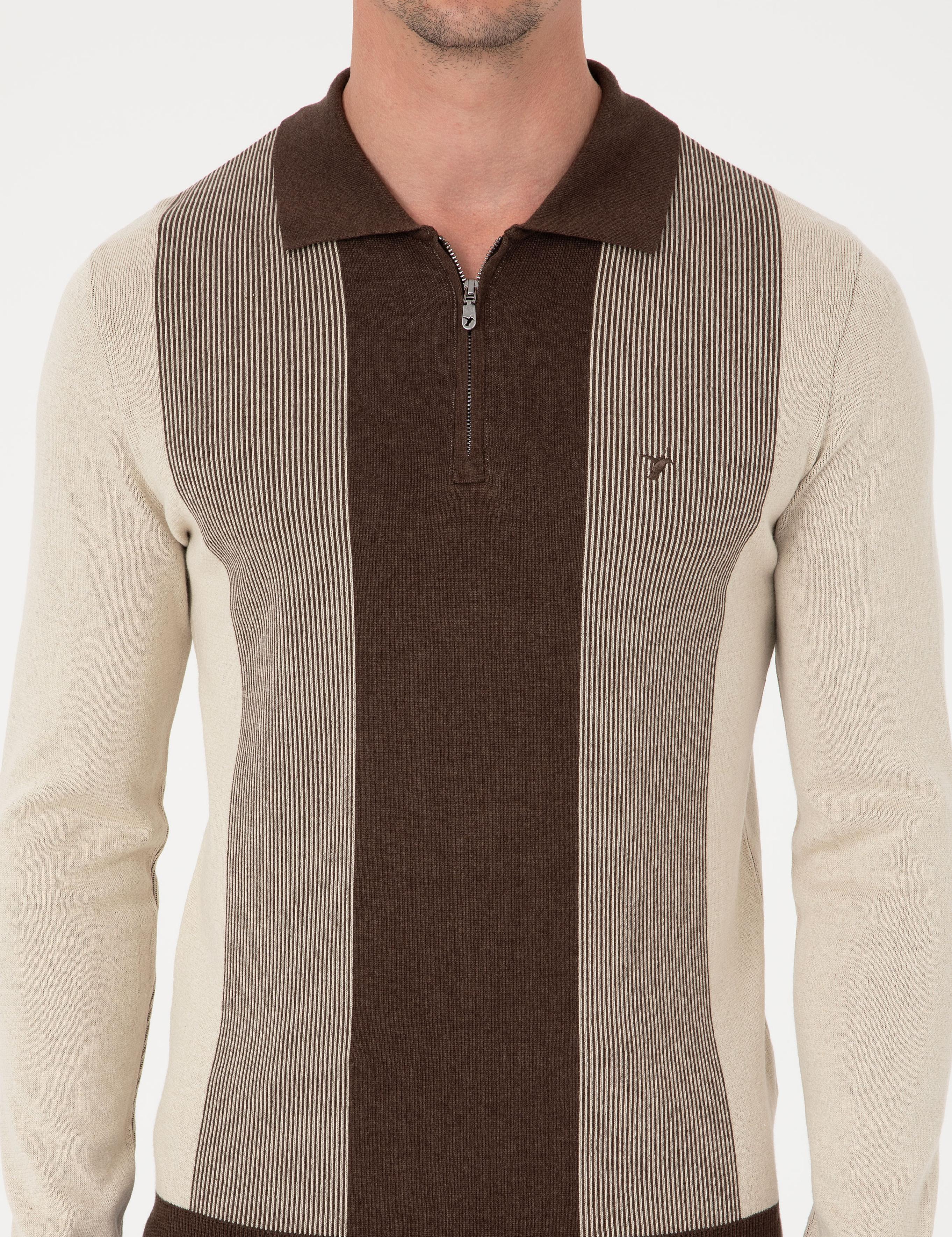 Kahverengi Slim Fit Pamuk Karışımlı Fermuarlı Polo Yaka Triko Kazak - 50318975029