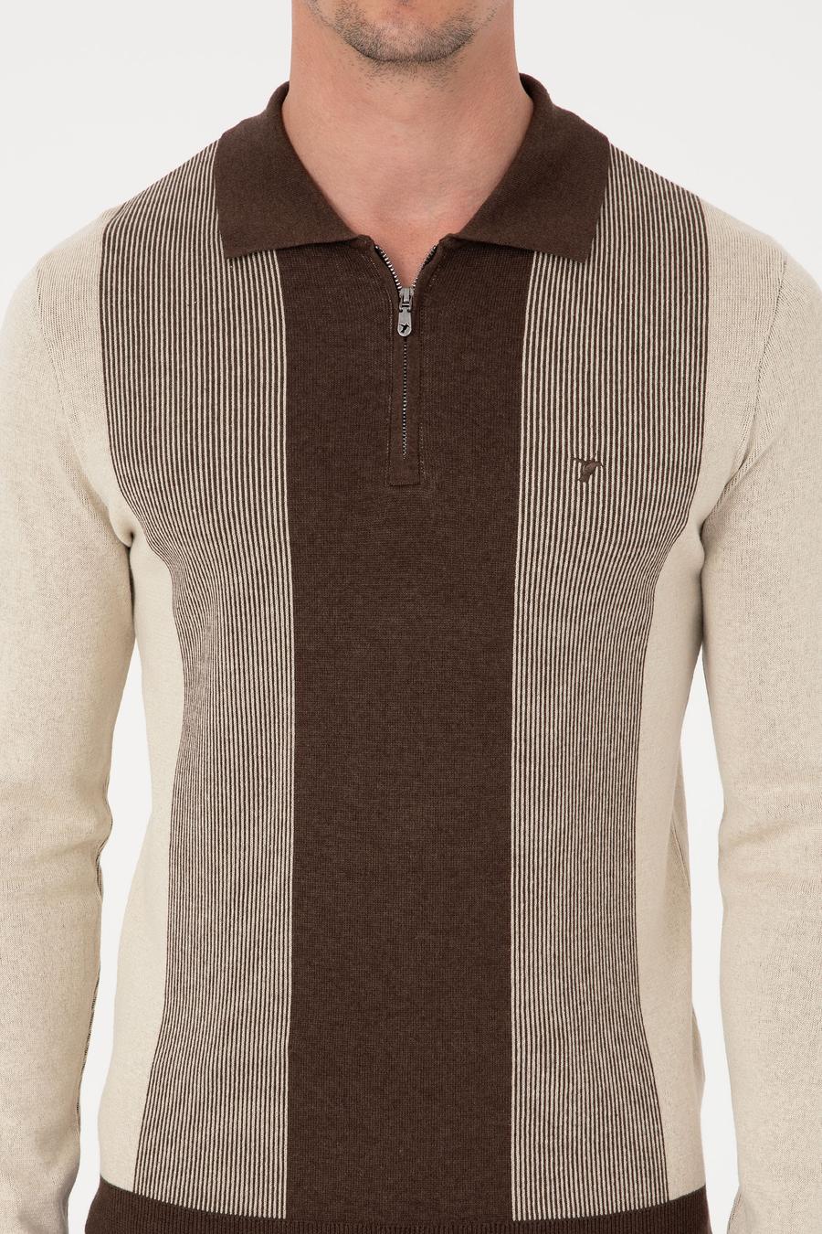 Kahverengi Slim Fit Pamuk Karışımlı Fermuarlı Polo Yaka Triko Kazak - 50318975029