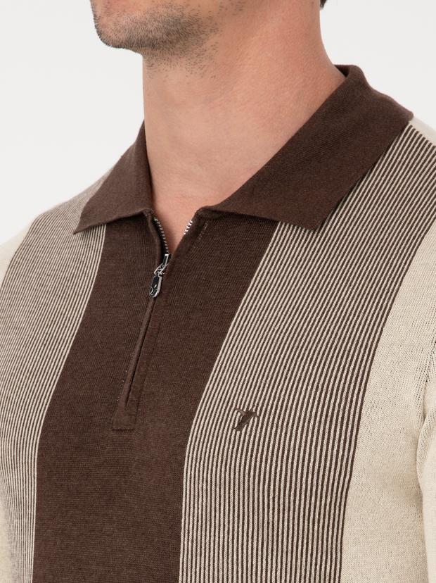 Kahverengi Slim Fit Pamuk Karışımlı Fermuarlı Polo Yaka Triko Kazak