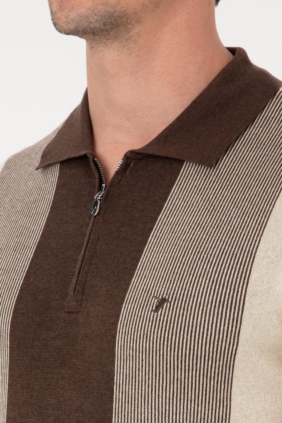 Kahverengi Slim Fit Pamuk Karışımlı Fermuarlı Polo Yaka Triko Kazak - 50318975029