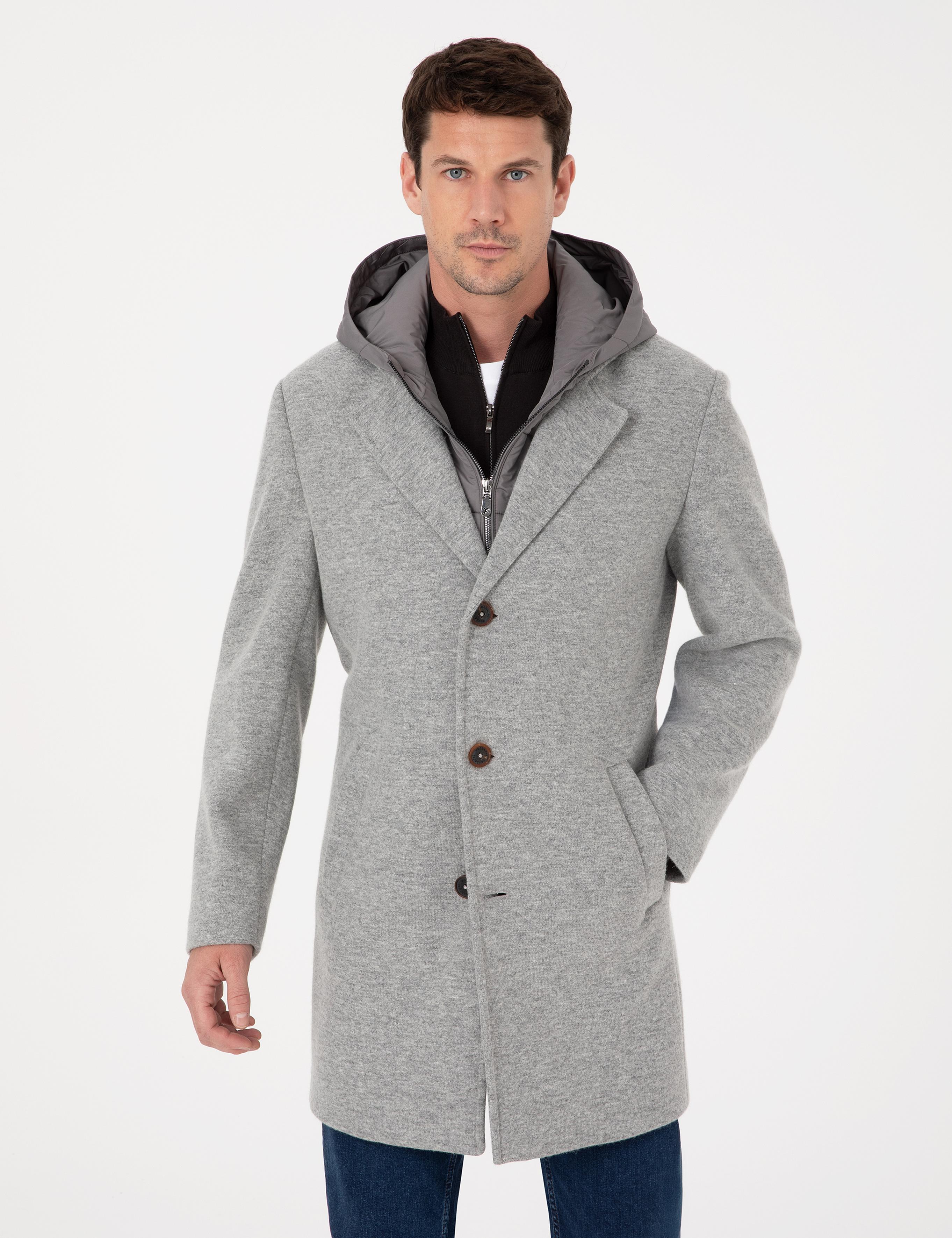 Gri Melanj Regular Fit Rüzgar Korumalı Yün Karışımlı Kaşe Kaban - 50311138023