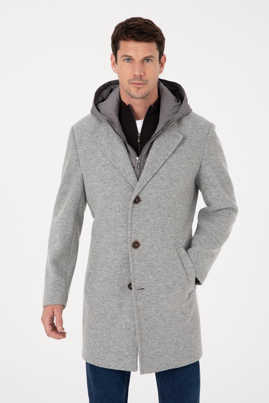Gri Melanj Regular Fit Rüzgar Korumalı Yün Karışımlı Kaşe Kaban - 50311138023