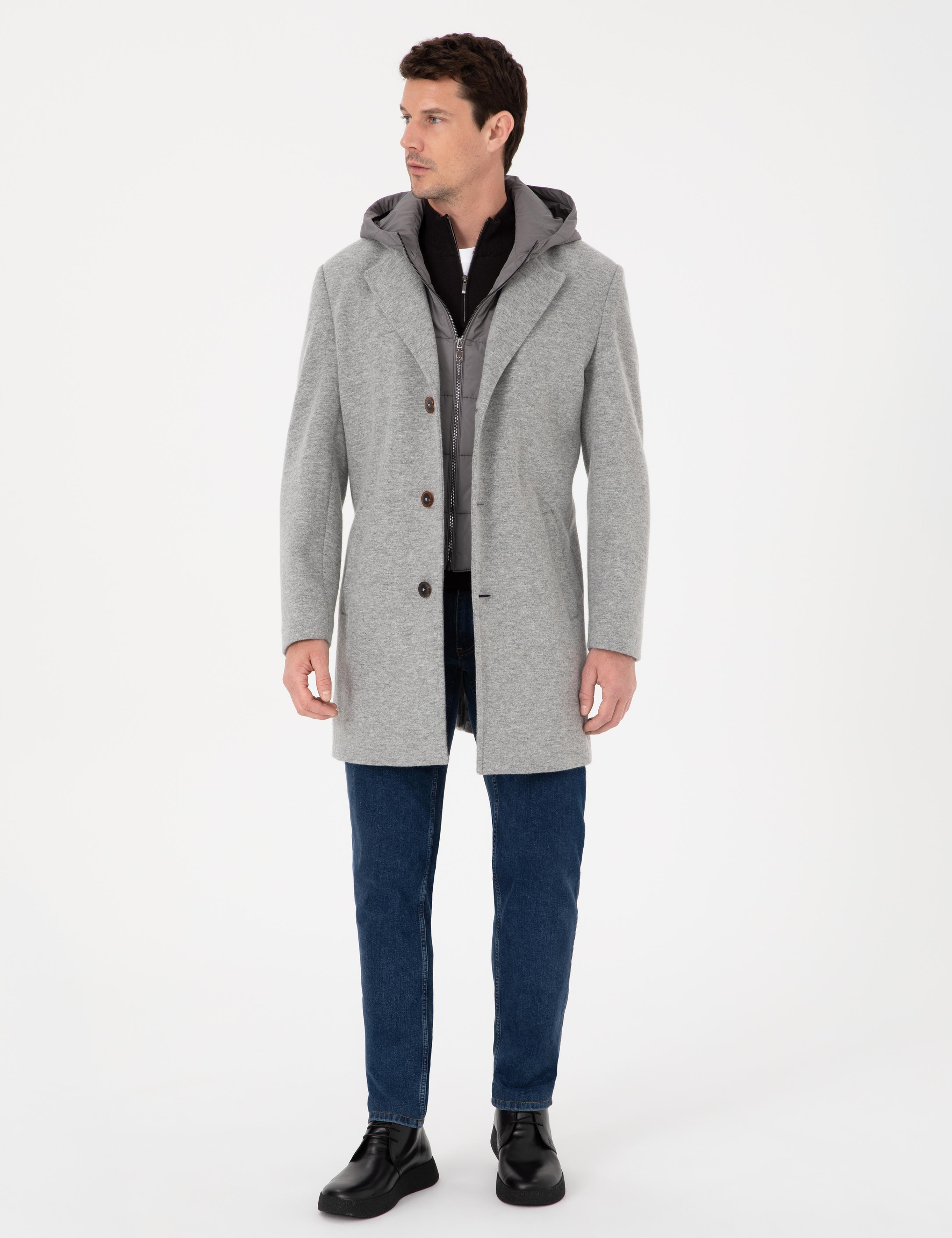 Gri Melanj Regular Fit Rüzgar Korumalı Yün Karışımlı Kaşe Kaban - 50311138023