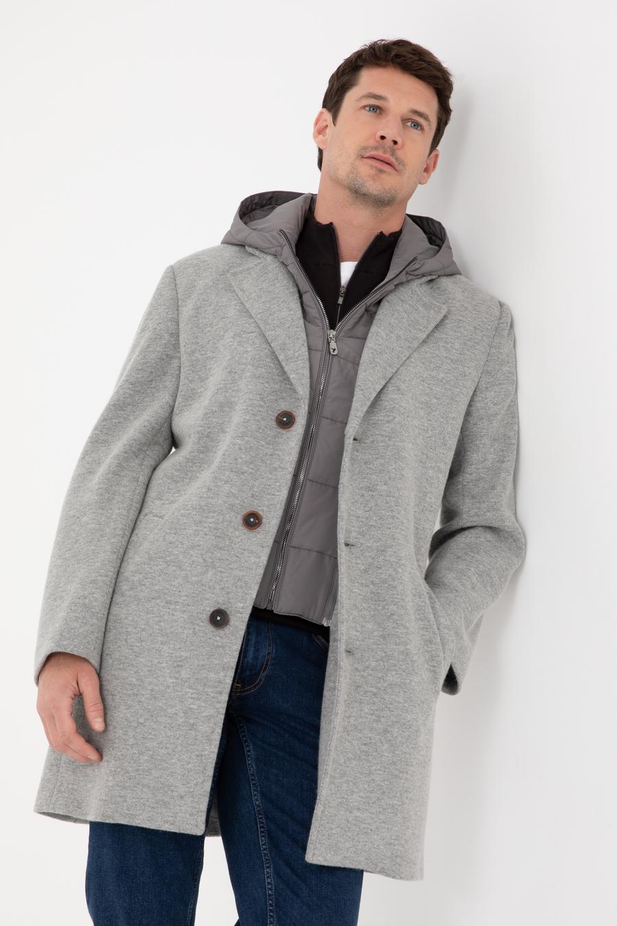 Gri Melanj Regular Fit Rüzgar Korumalı Yün Karışımlı Kaşe Kaban - 50311138023