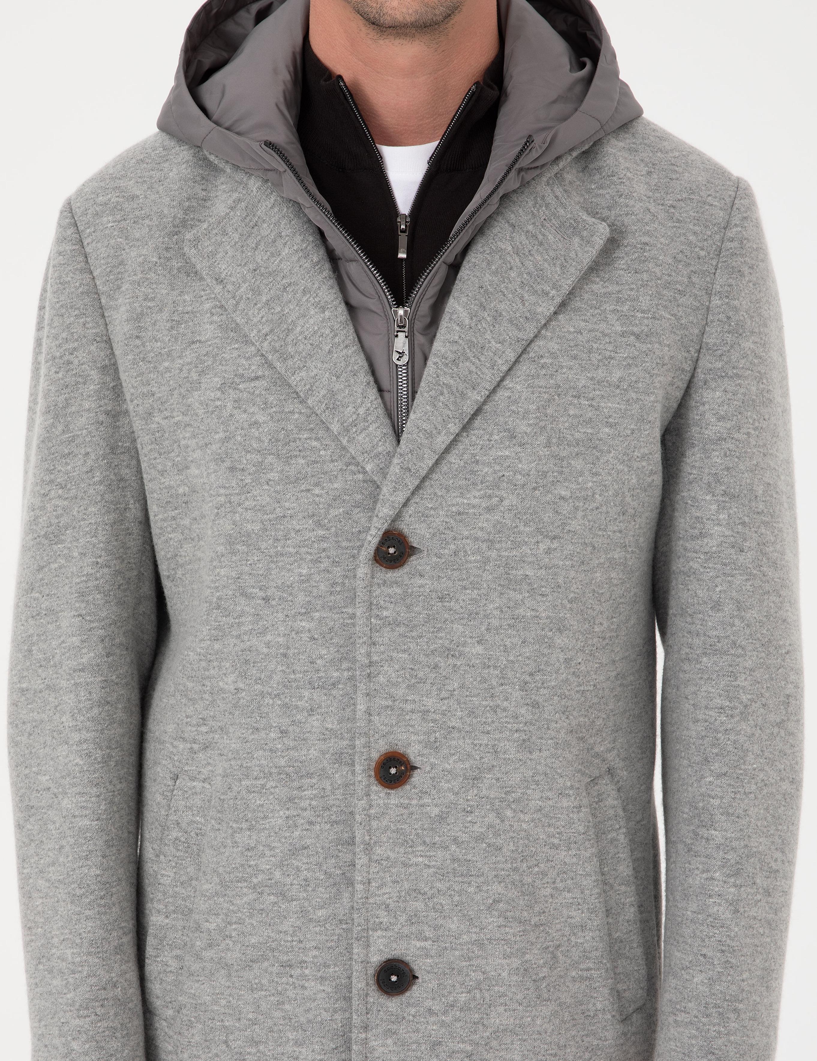 Gri Melanj Regular Fit Rüzgar Korumalı Yün Karışımlı Kaşe Kaban - 50311138023