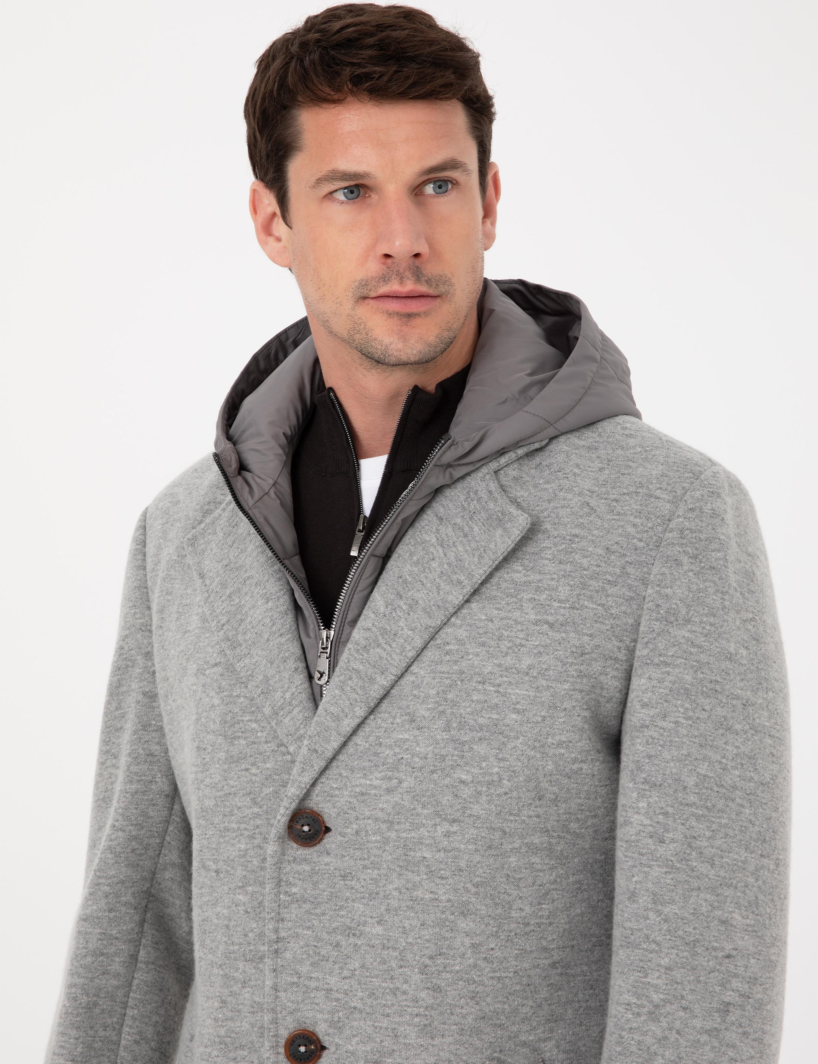 Gri Melanj Regular Fit Rüzgar Korumalı Yün Karışımlı Kaşe Kaban - 50311138023