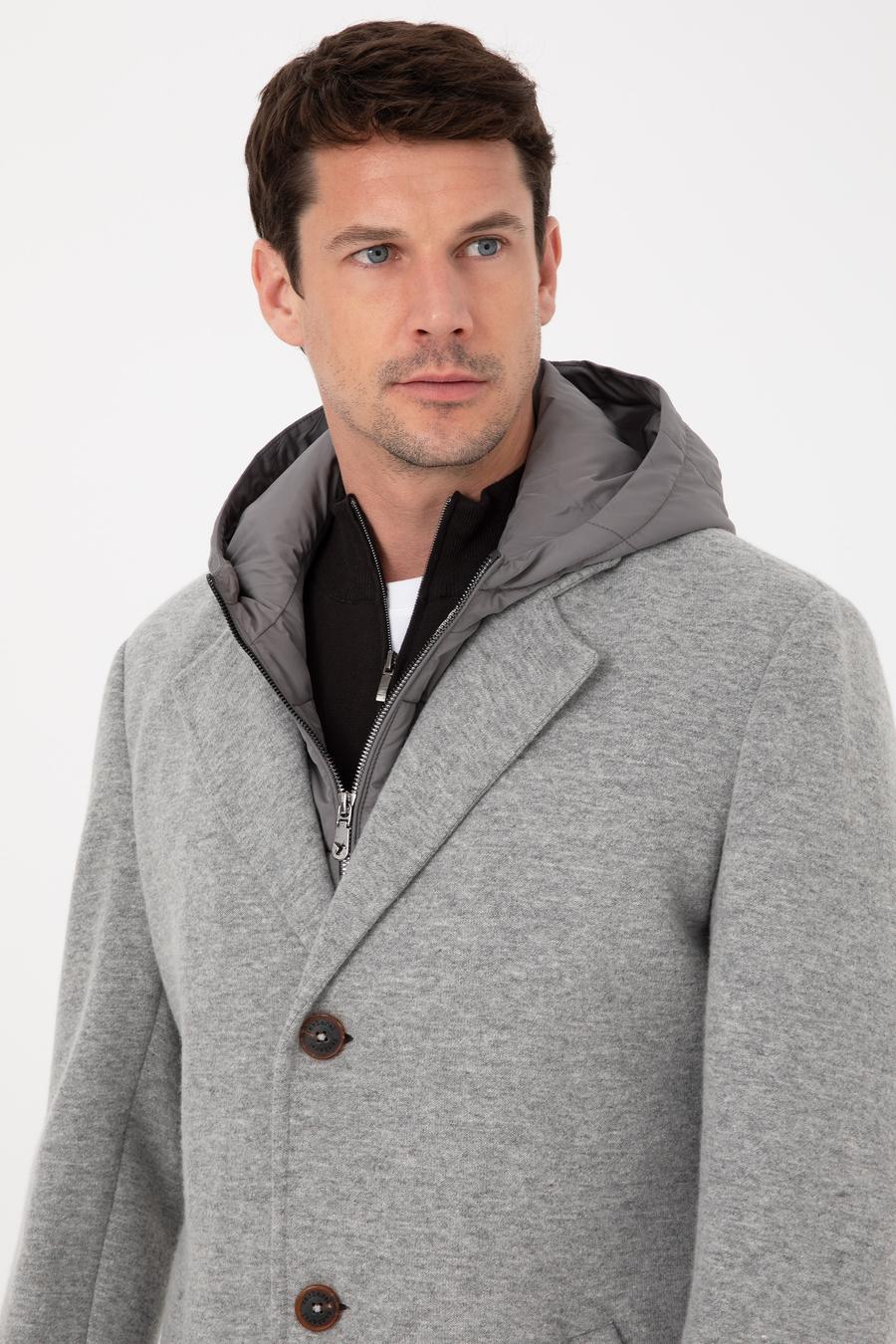 Gri Melanj Regular Fit Rüzgar Korumalı Yün Karışımlı Kaşe Kaban - 50311138023
