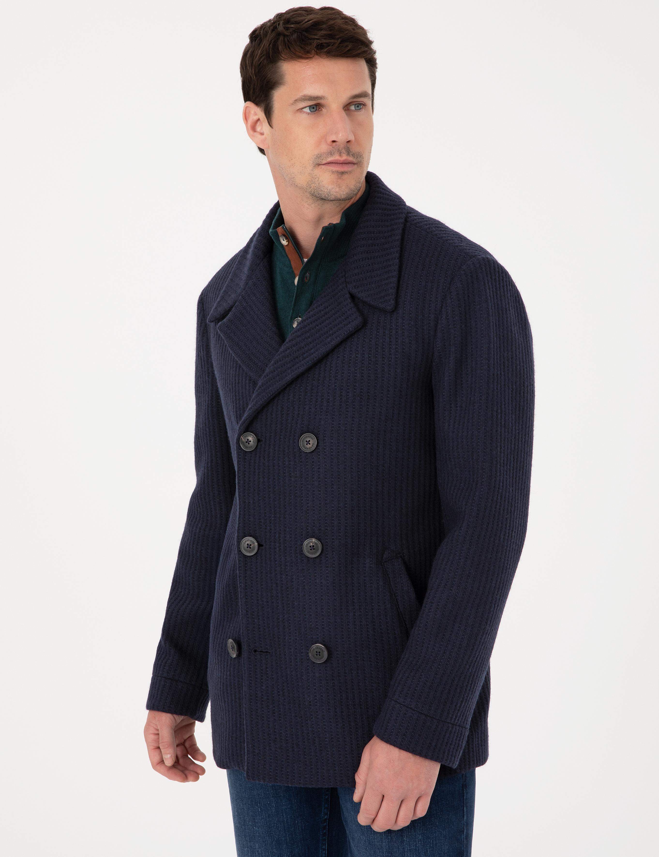 Lacivert Slim Fit Yün Karışımlı Kruvaze Kaşe Kaban - 50309909027