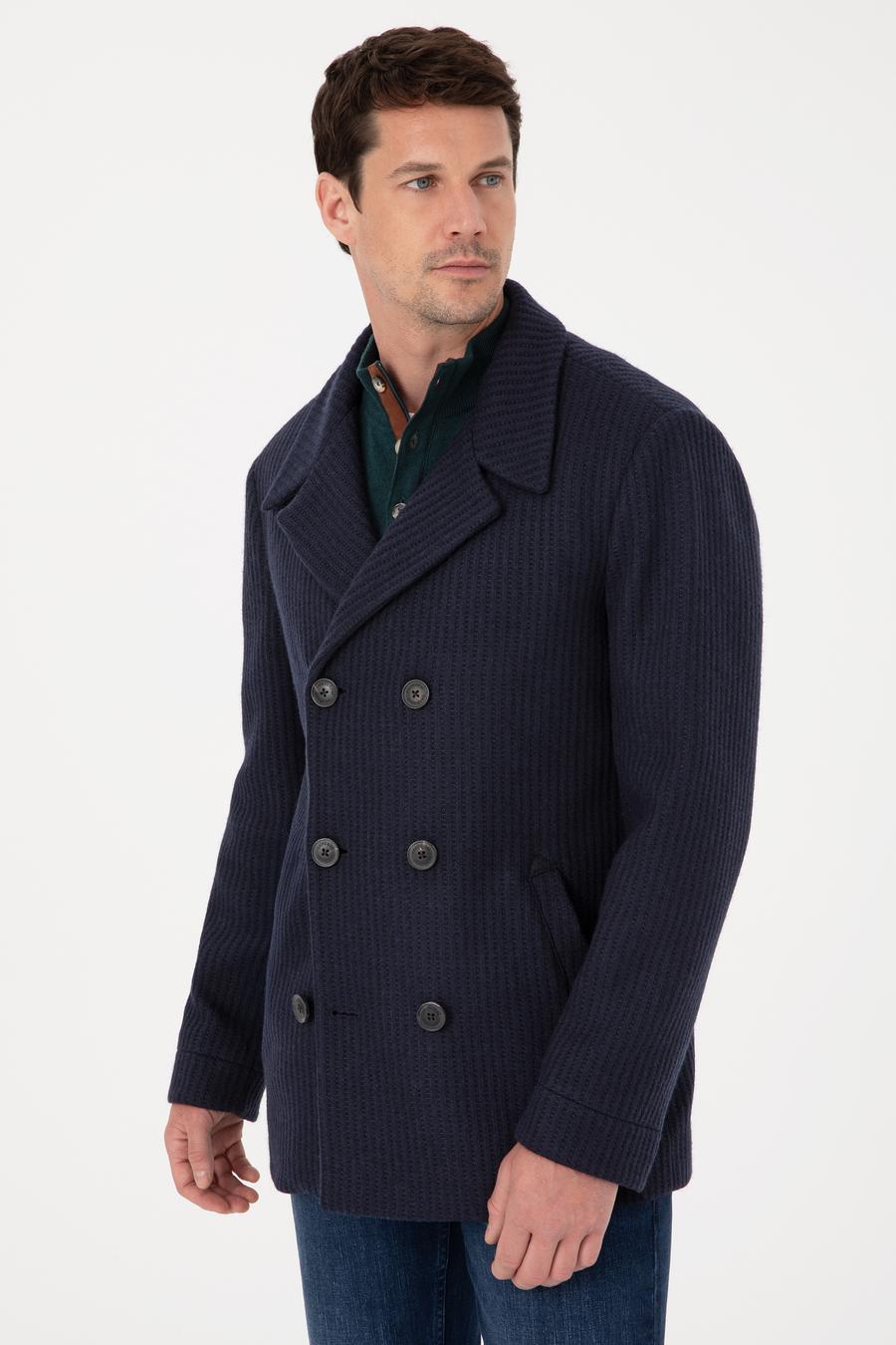 Lacivert Slim Fit Yün Karışımlı Kruvaze Kaşe Kaban - 50309909027