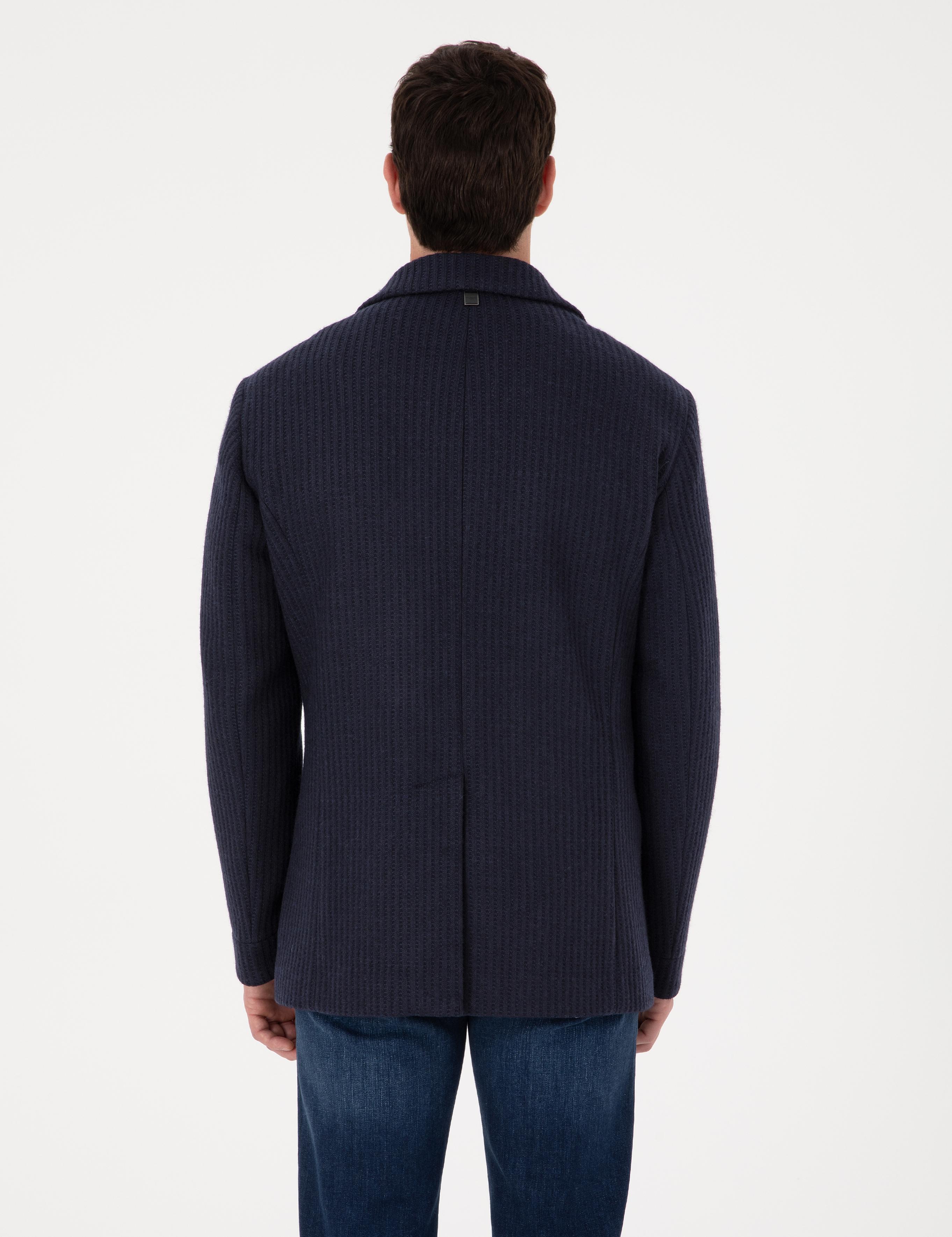 Lacivert Slim Fit Yün Karışımlı Kruvaze Kaşe Kaban - 50309909027