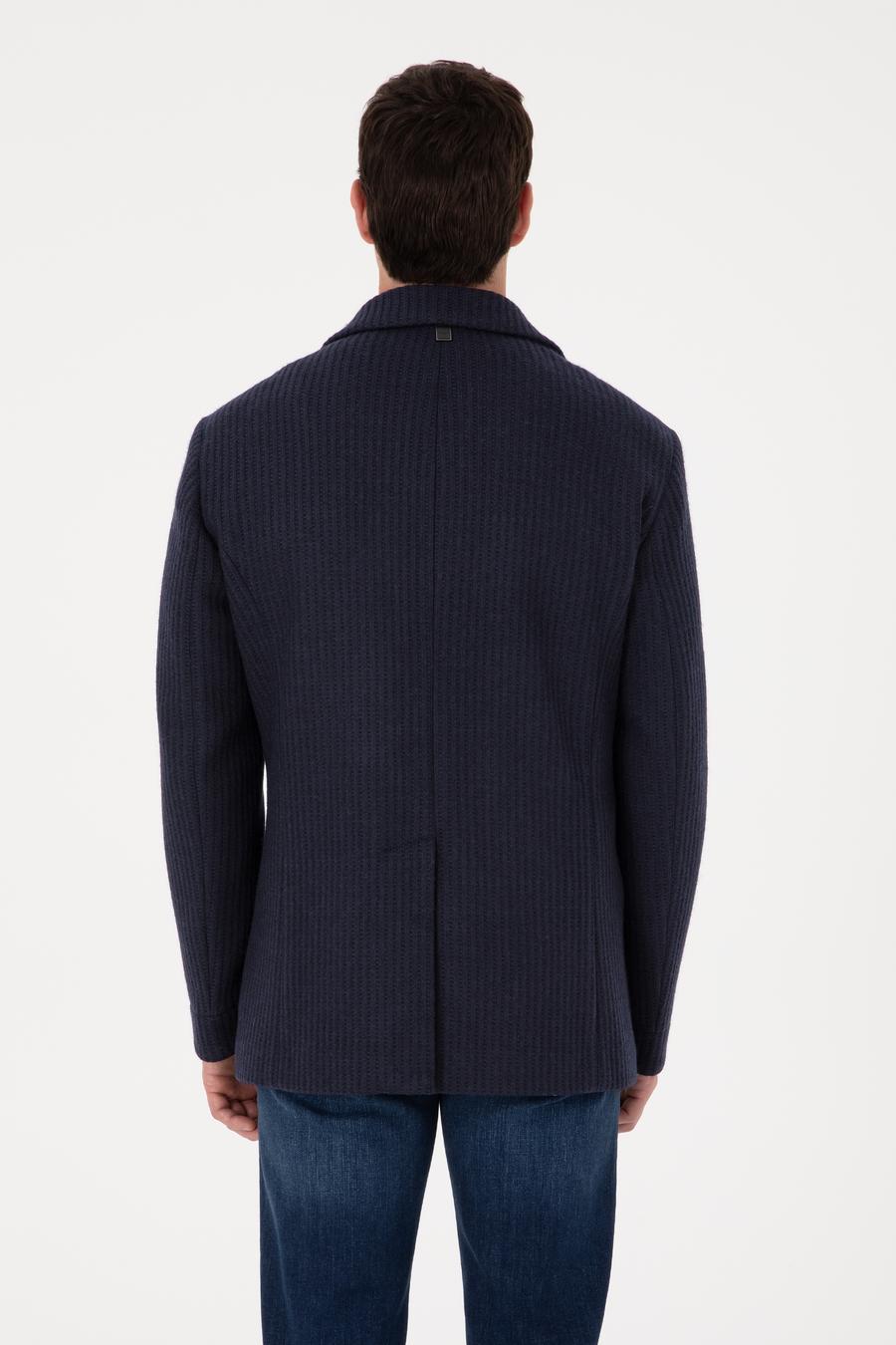 Lacivert Slim Fit Yün Karışımlı Kruvaze Kaşe Kaban - 50309909027
