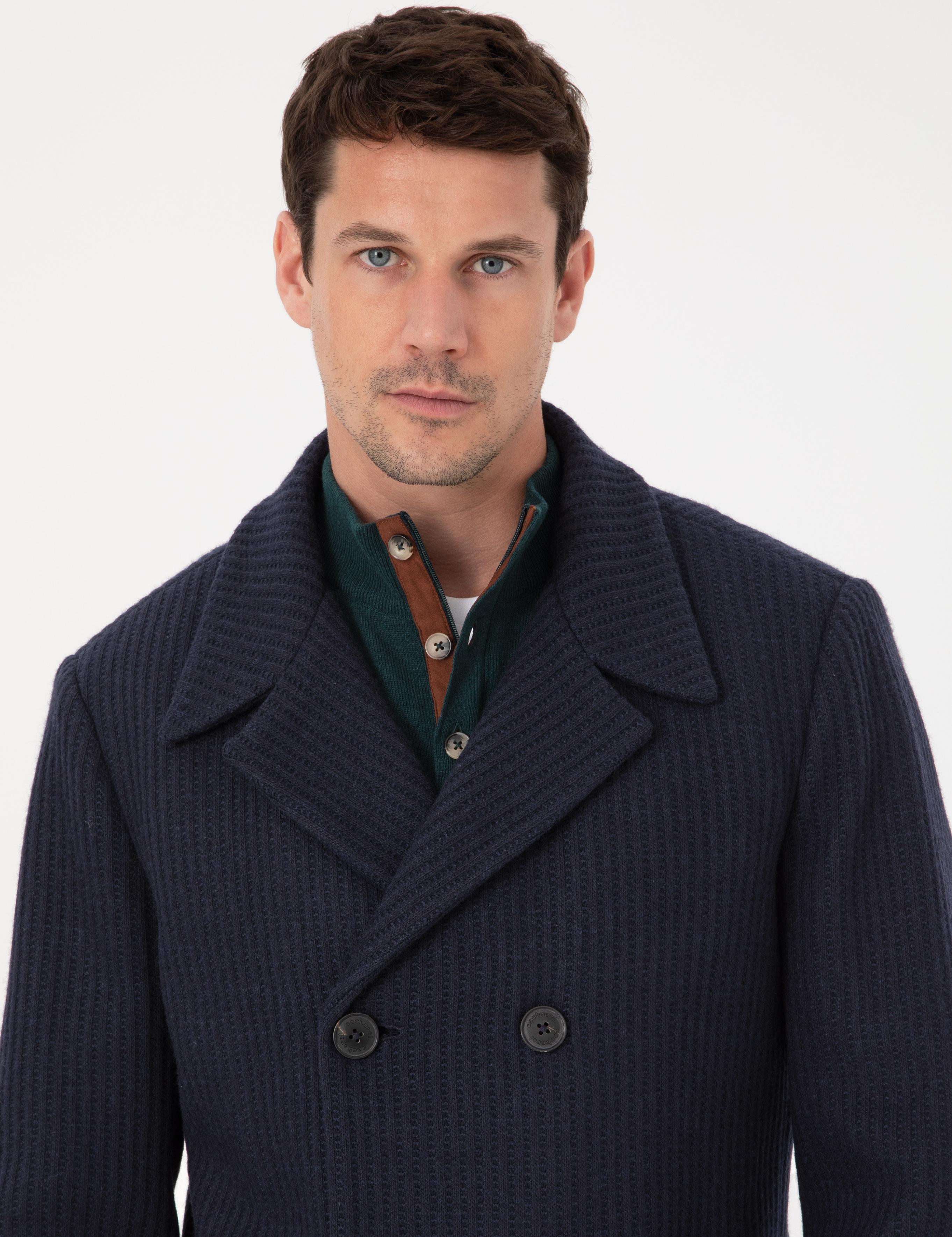 Lacivert Slim Fit Yün Karışımlı Kruvaze Kaşe Kaban - 50309909027