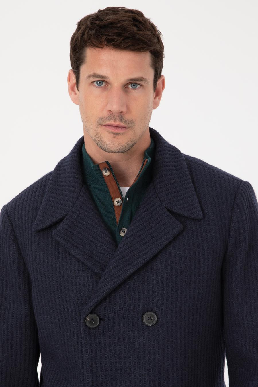 Lacivert Slim Fit Yün Karışımlı Kruvaze Kaşe Kaban - 50309909027