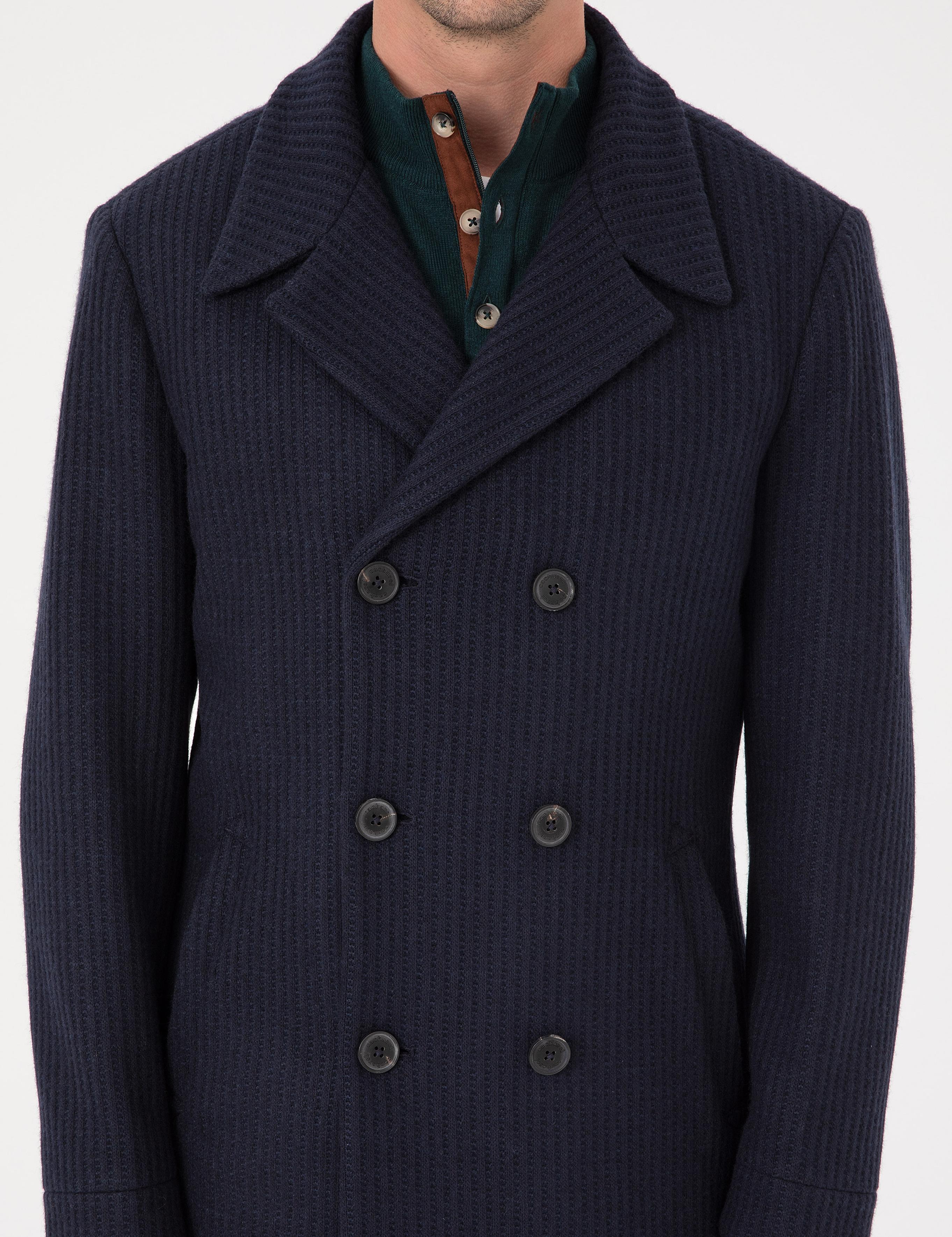 Lacivert Slim Fit Yün Karışımlı Kruvaze Kaşe Kaban - 50309909027