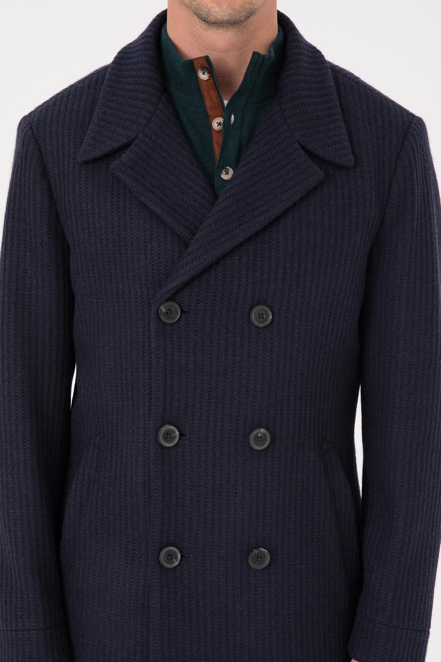 Lacivert Slim Fit Yün Karışımlı Kruvaze Kaşe Kaban - 50309909027