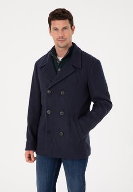 Lacivert Slim Fit Yün Karışımlı Kruvaze Kaşe Kaban