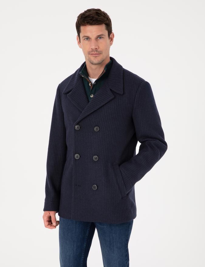 Lacivert Slim Fit Yün Karışımlı Kruvaze Kaşe Kaban