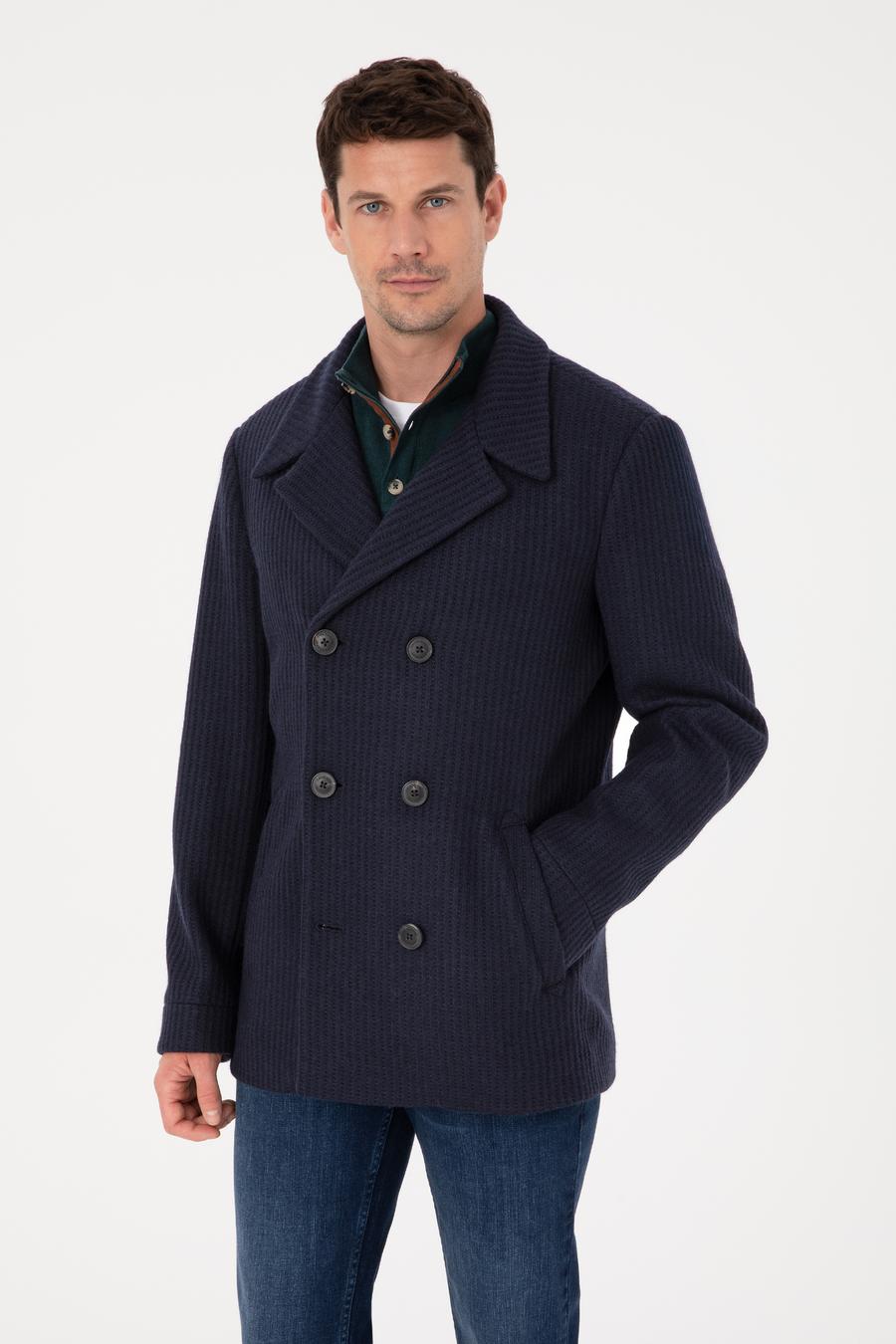 Lacivert Slim Fit Yün Karışımlı Kruvaze Kaşe Kaban - 50309909027