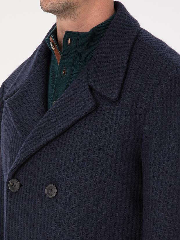Lacivert Slim Fit Yün Karışımlı Kruvaze Kaşe Kaban
