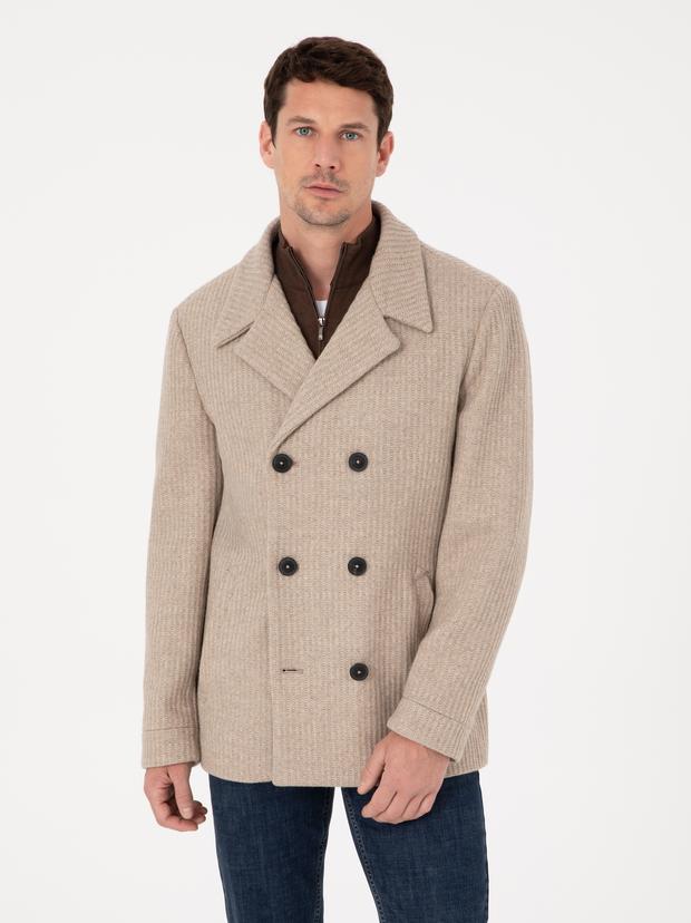 Vizon Slim Fit Yün Karışımlı Kruvaze Kaşe Kaban