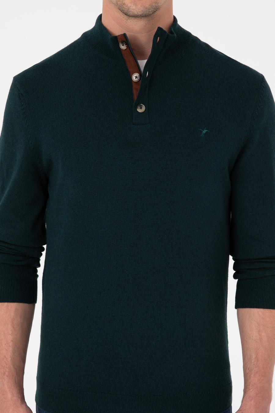 Koyu Yeşil Regular Fit Yün Karışımlı Düğmeli Yaka Triko Kazak - 50311895035