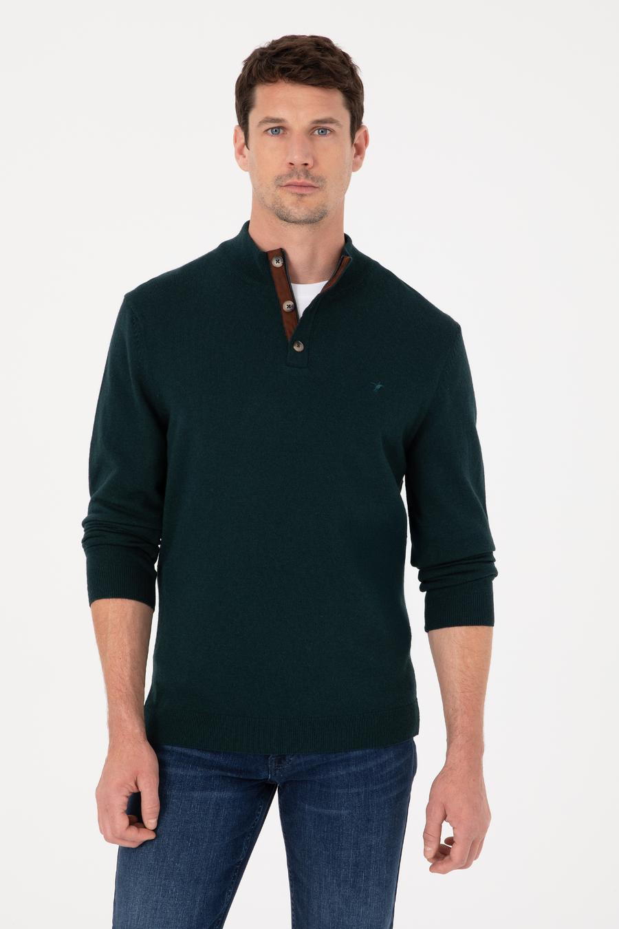 Koyu Yeşil Regular Fit Yün Karışımlı Düğmeli Yaka Triko Kazak - 50311895035