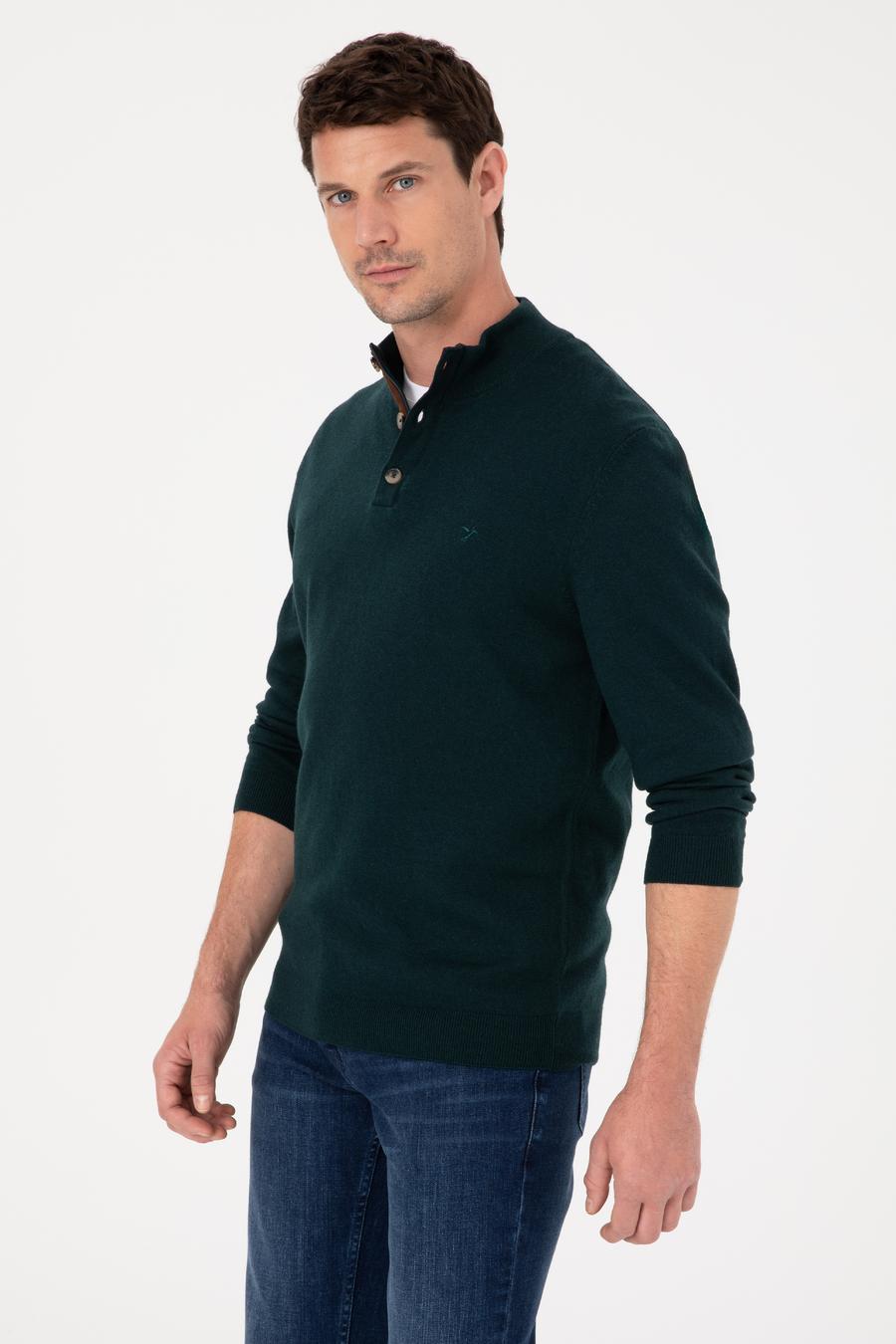 Koyu Yeşil Regular Fit Yün Karışımlı Düğmeli Yaka Triko Kazak - 50311895035