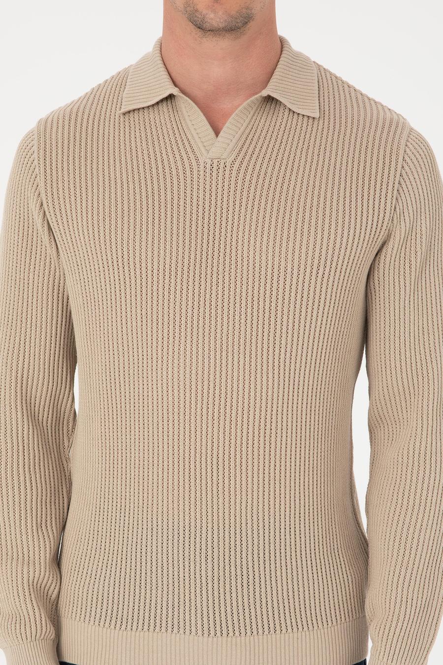 Bej Regular Fit %100 Pamuk Apaş Yaka Triko Kazak - 50310535030