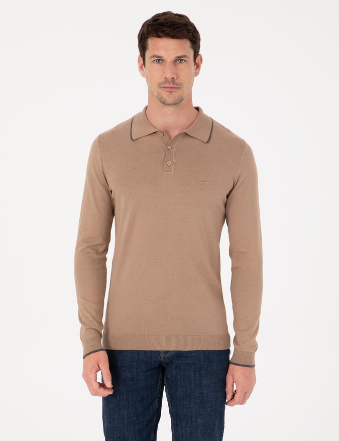 Camel Slim Fit Pamuk Karışımlı Polo Yaka Triko Kazak
