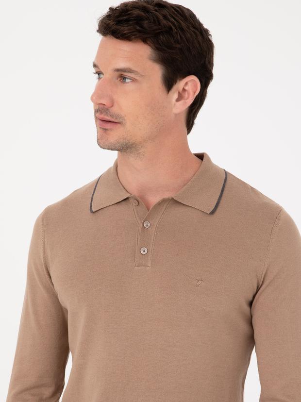 Camel Slim Fit Pamuk Karışımlı Polo Yaka Triko Kazak