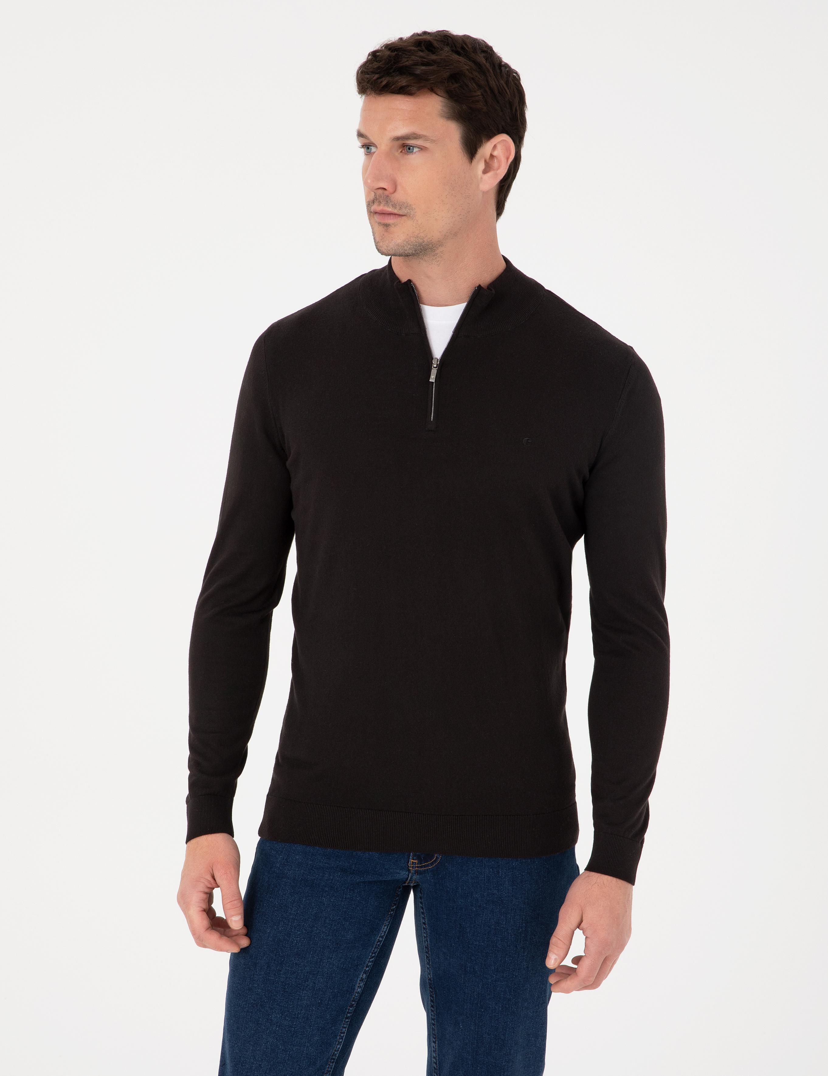 Siyah Slim Fit Pamuk Karışımlı Yarım Fermuarlı Dik Yaka Triko Kazak - 50318981026