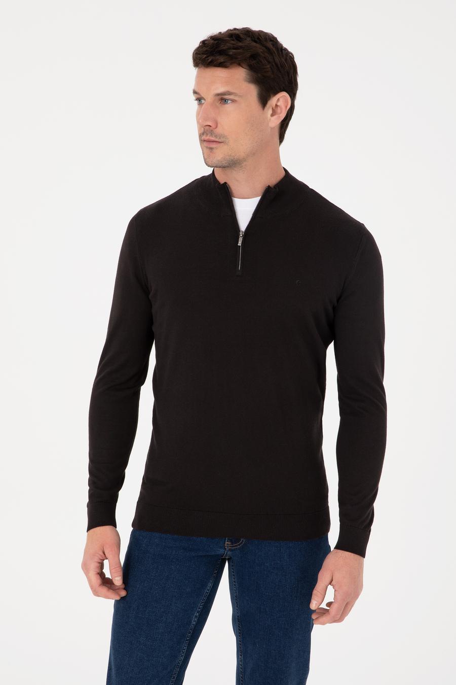 Siyah Slim Fit Pamuk Karışımlı Yarım Fermuarlı Dik Yaka Triko Kazak - 50318981026