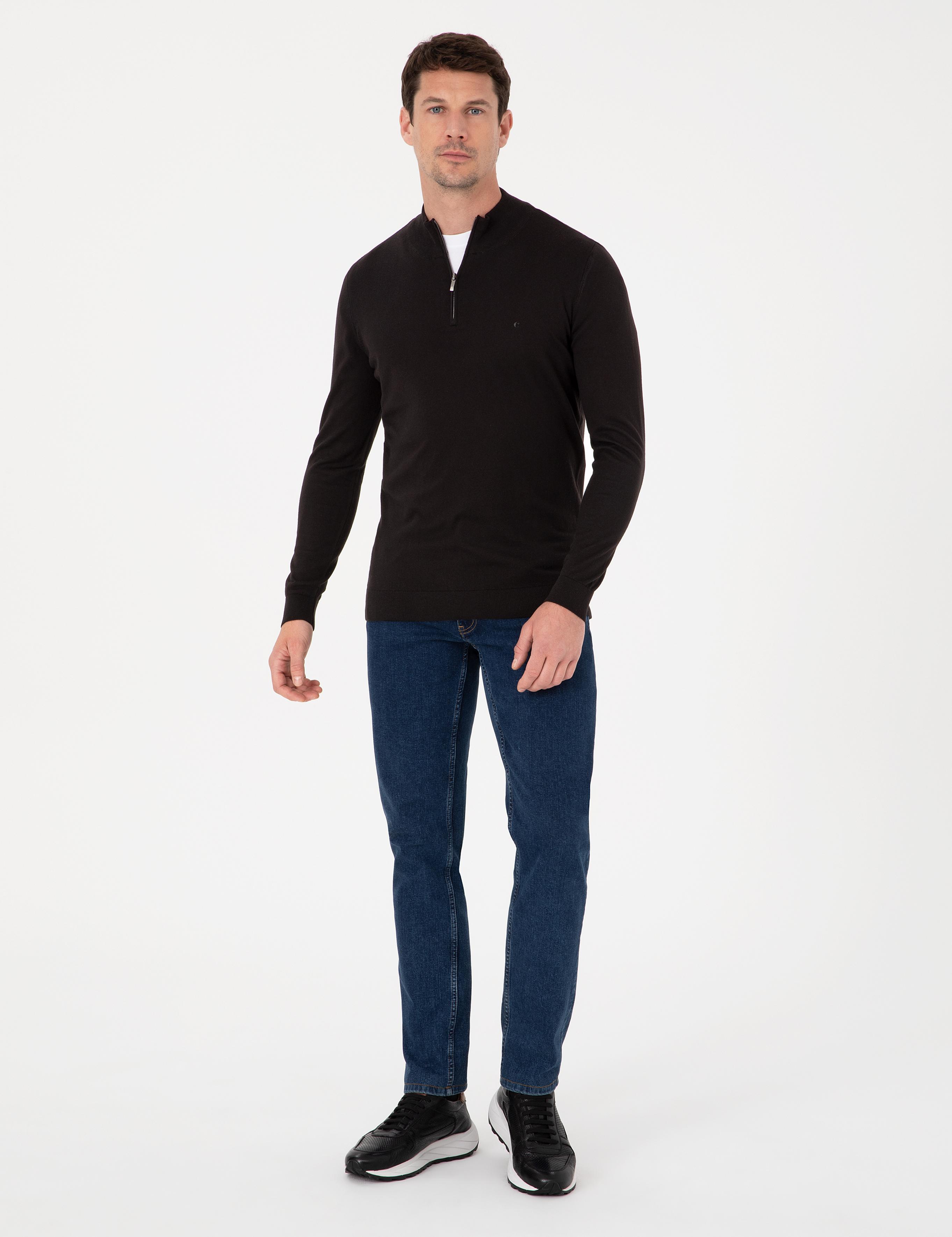 Siyah Slim Fit Pamuk Karışımlı Yarım Fermuarlı Dik Yaka Triko Kazak - 50318981026