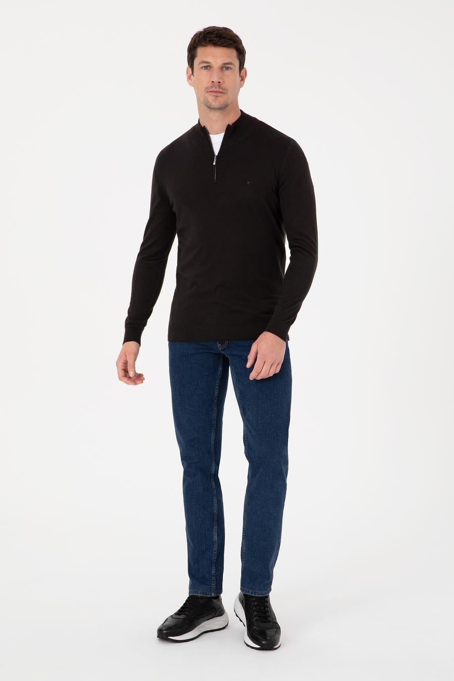 Siyah Slim Fit Pamuk Karışımlı Yarım Fermuarlı Dik Yaka Triko Kazak - 50318981026