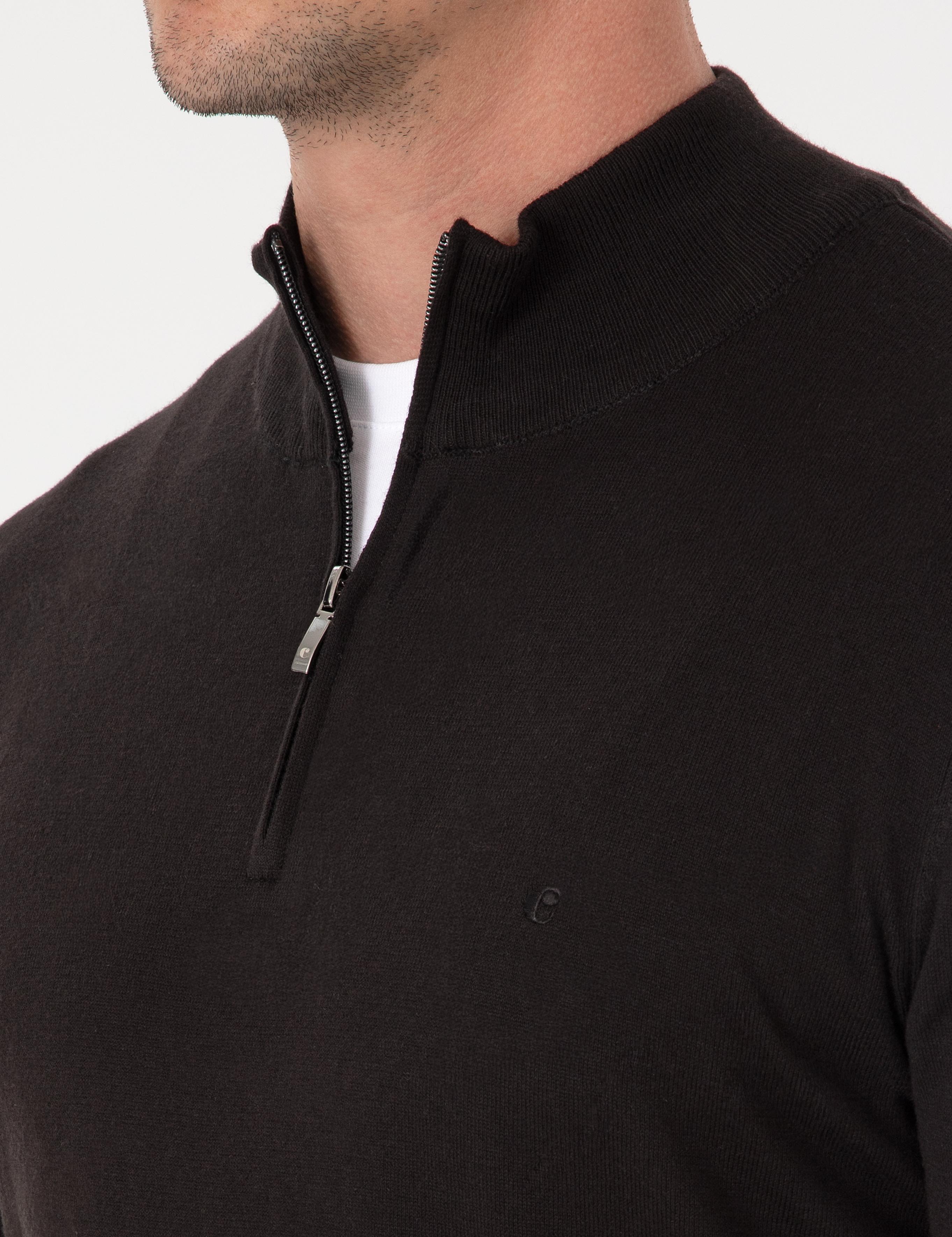 Siyah Slim Fit Pamuk Karışımlı Yarım Fermuarlı Dik Yaka Triko Kazak - 50318981026