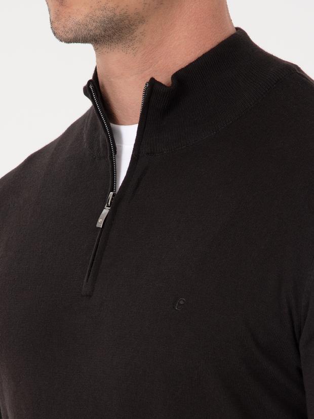 Siyah Slim Fit Pamuk Karışımlı Yarım Fermuarlı Dik Yaka Triko Kazak