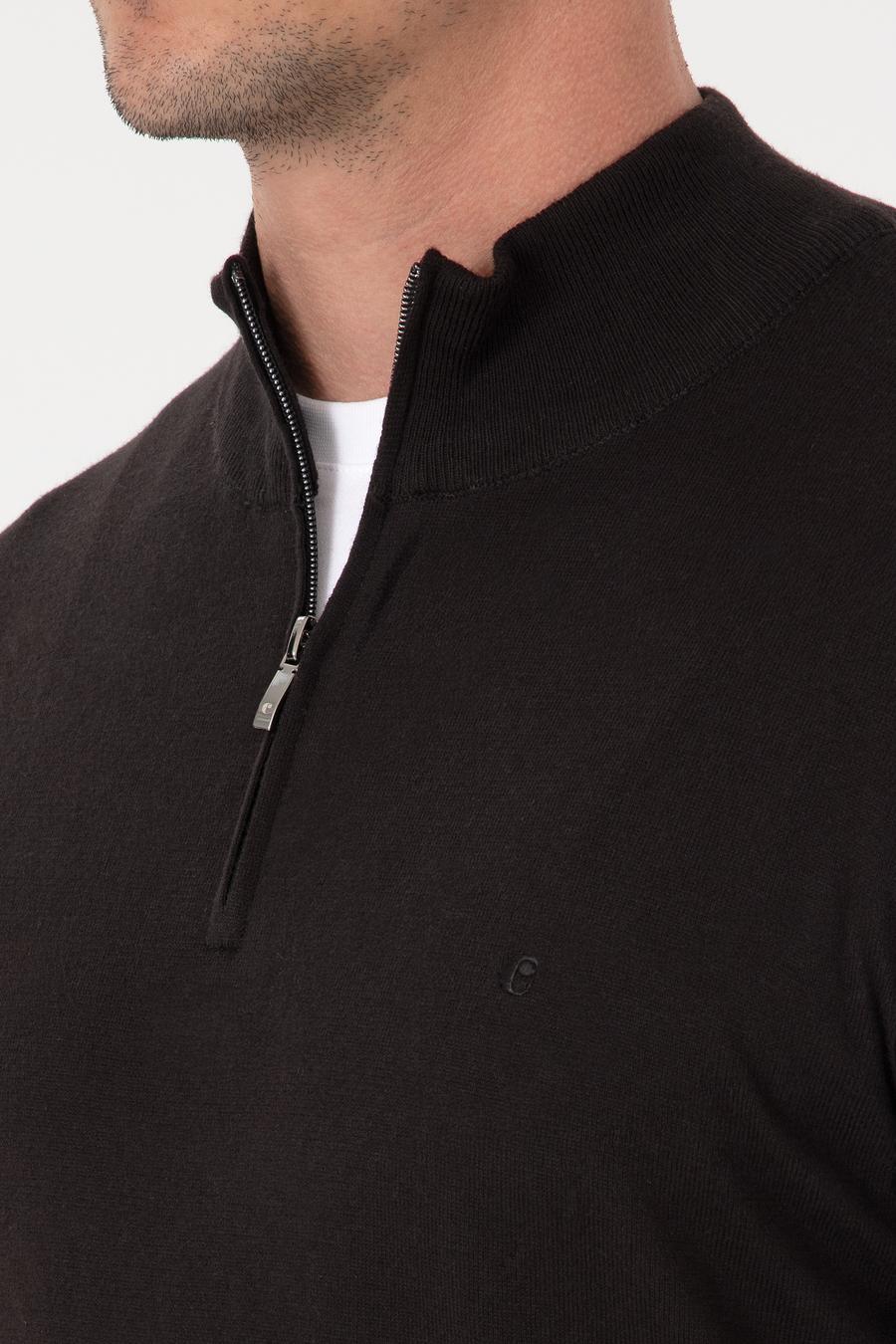 Siyah Slim Fit Pamuk Karışımlı Yarım Fermuarlı Dik Yaka Triko Kazak - 50318981026