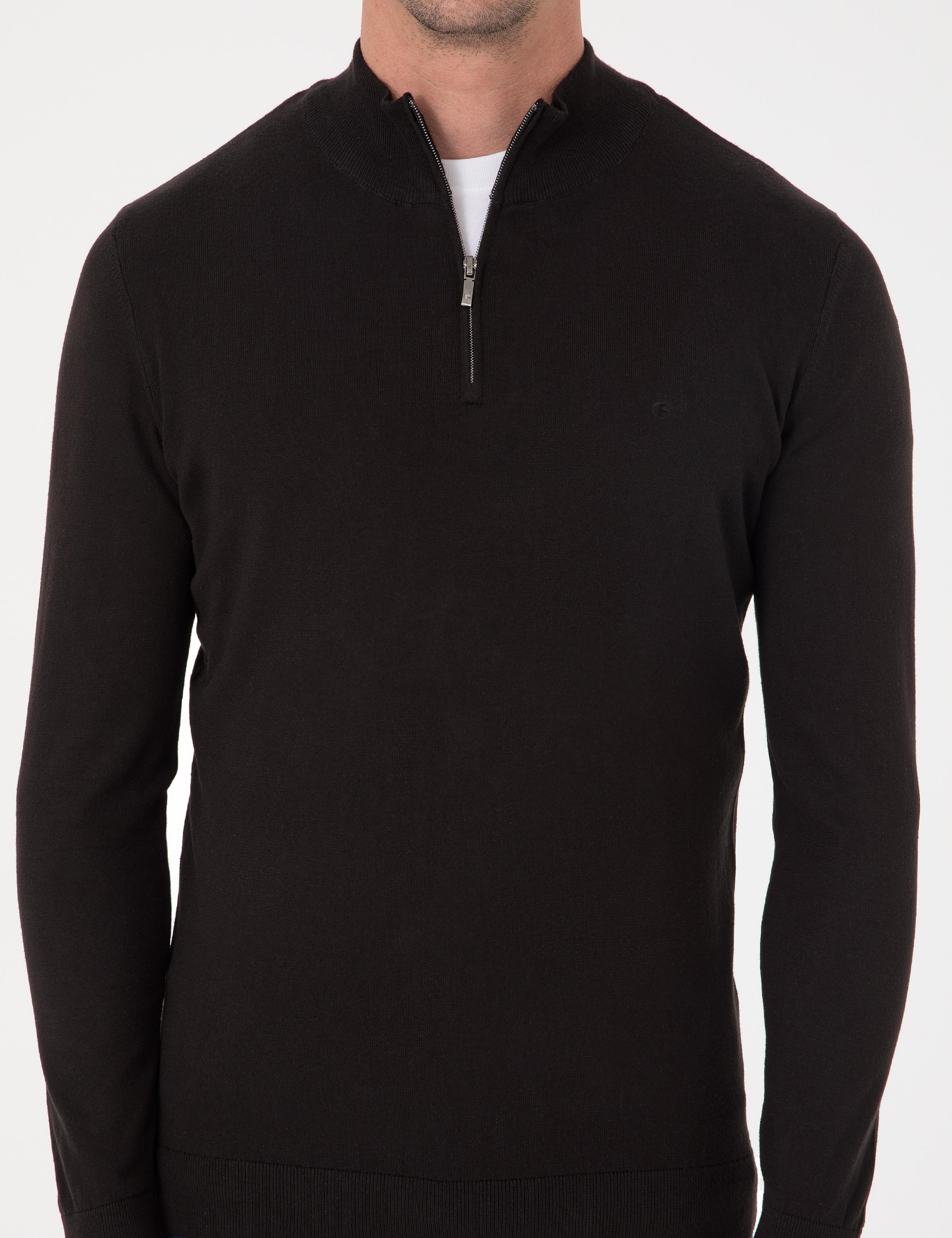Siyah Slim Fit Pamuk Karışımlı Yarım Fermuarlı Dik Yaka Triko Kazak - 50318981026