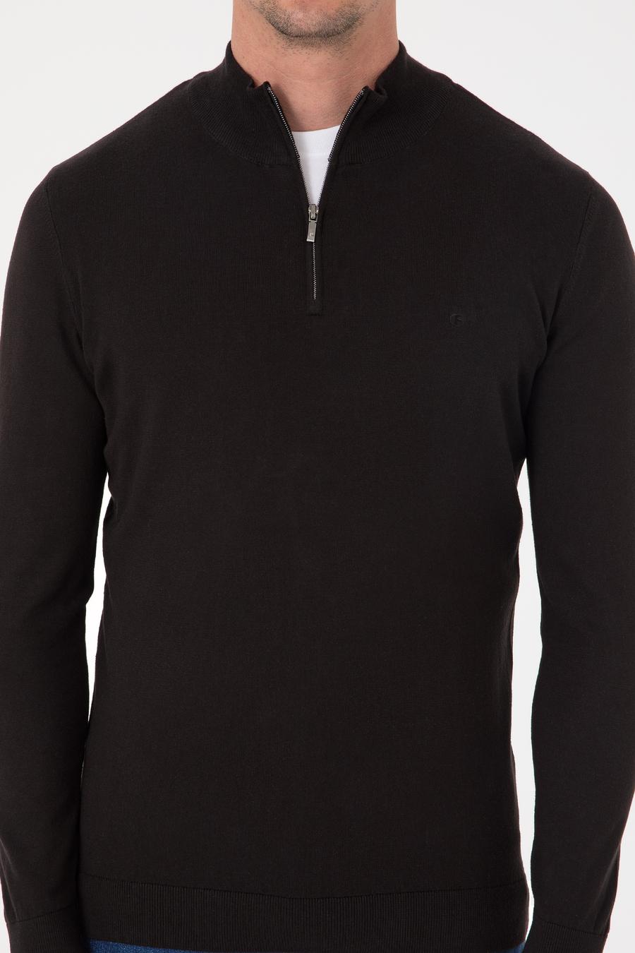 Siyah Slim Fit Pamuk Karışımlı Yarım Fermuarlı Dik Yaka Triko Kazak - 50318981026