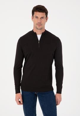 Siyah Slim Fit Pamuk Karışımlı Yarım Fermuarlı Dik Yaka Triko Kazak