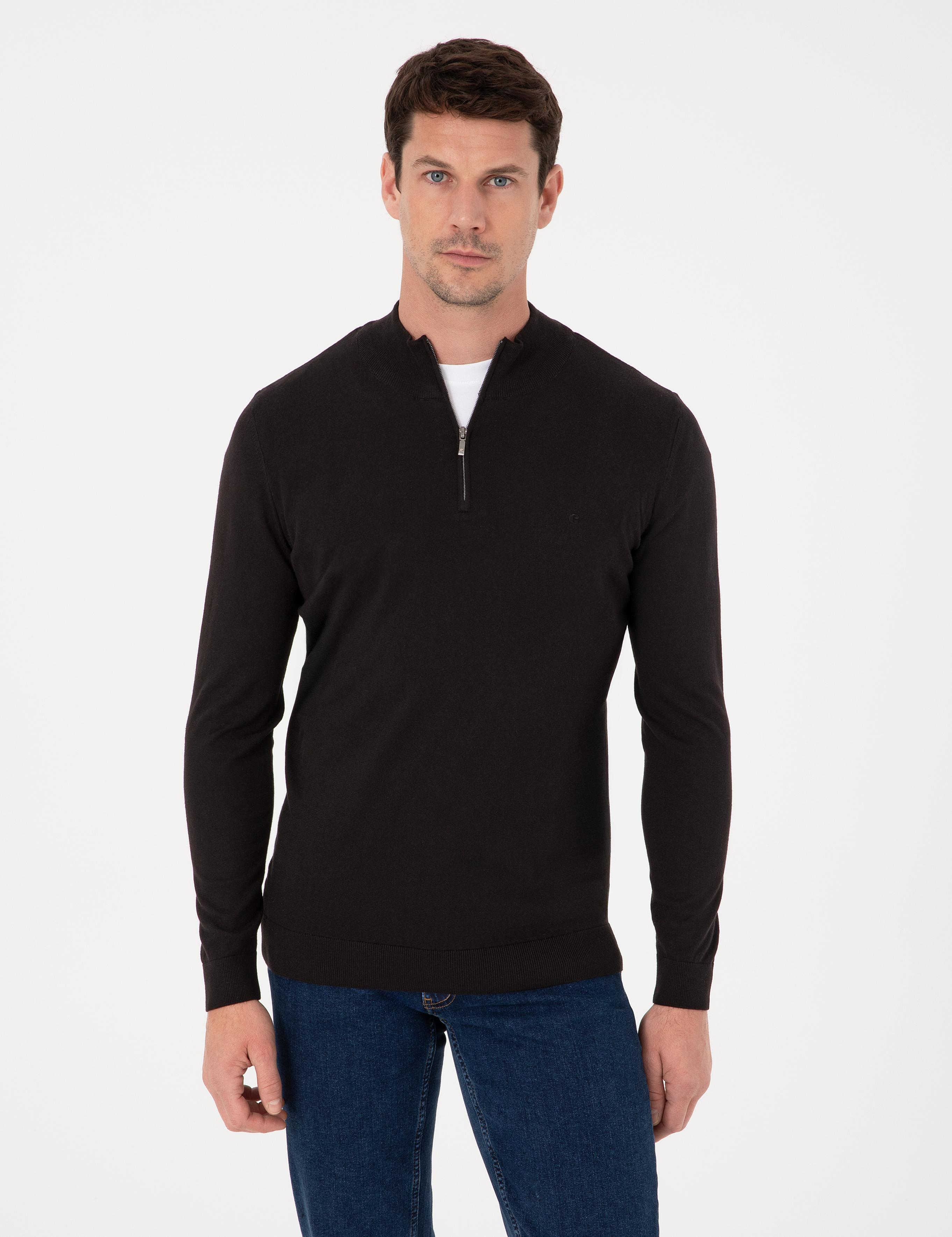 Siyah Slim Fit Pamuk Karışımlı Yarım Fermuarlı Dik Yaka Triko Kazak - 50318981026