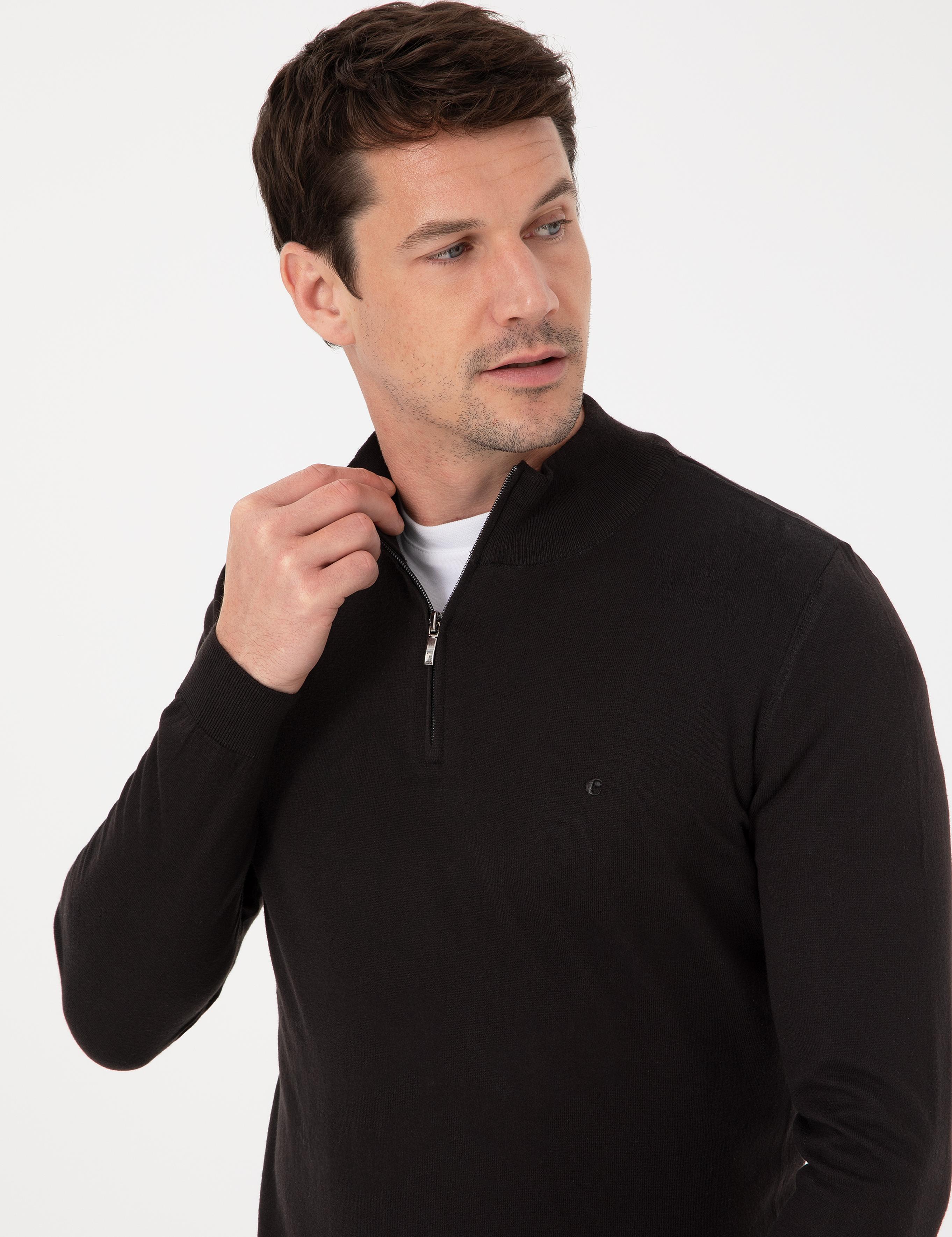 Siyah Slim Fit Pamuk Karışımlı Yarım Fermuarlı Dik Yaka Triko Kazak - 50318981026