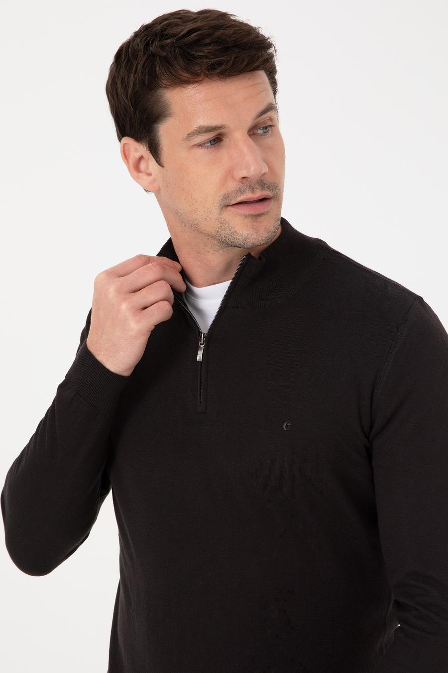 Siyah Slim Fit Pamuk Karışımlı Yarım Fermuarlı Dik Yaka Triko Kazak - 50318981026