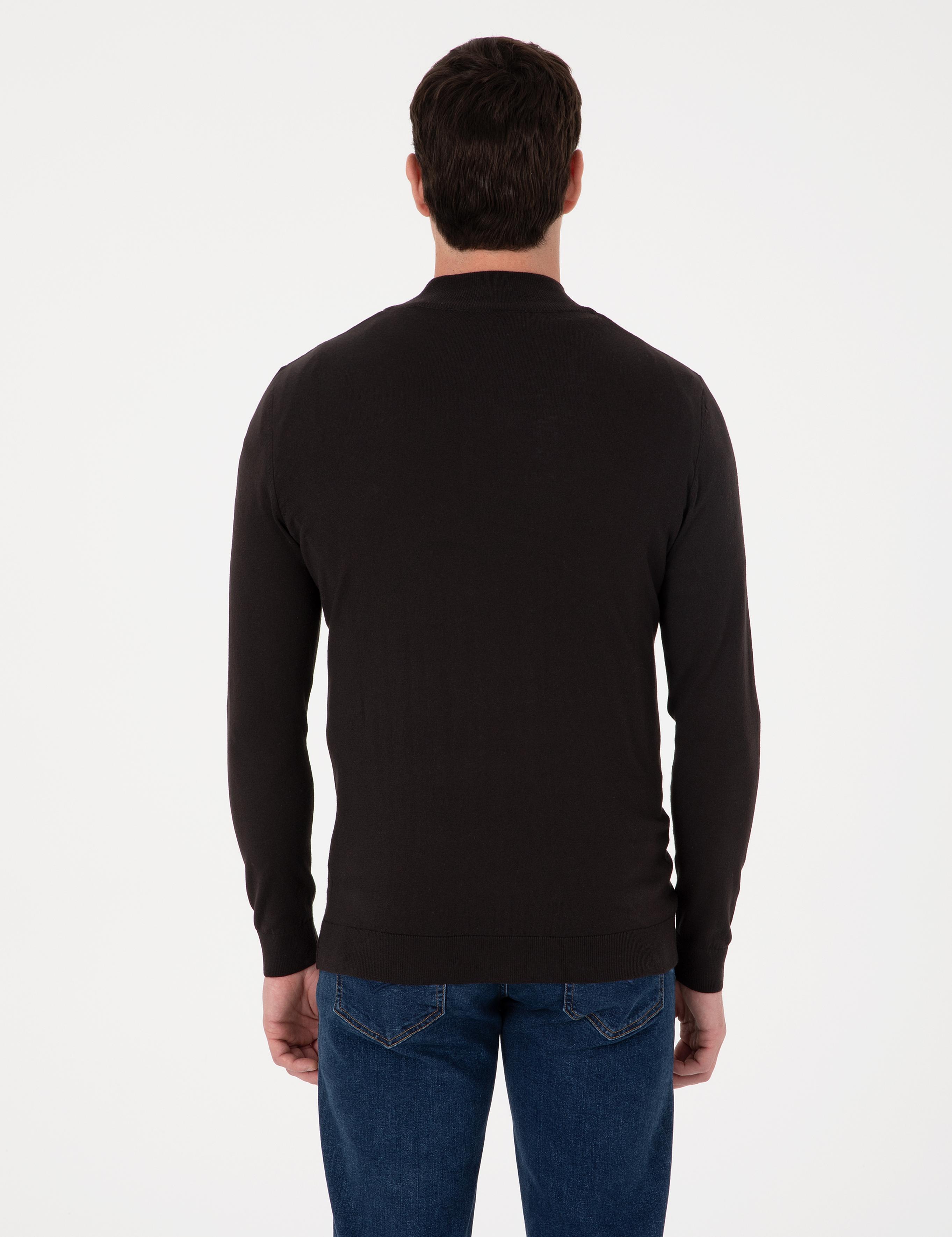 Siyah Slim Fit Pamuk Karışımlı Yarım Fermuarlı Dik Yaka Triko Kazak - 50318981026