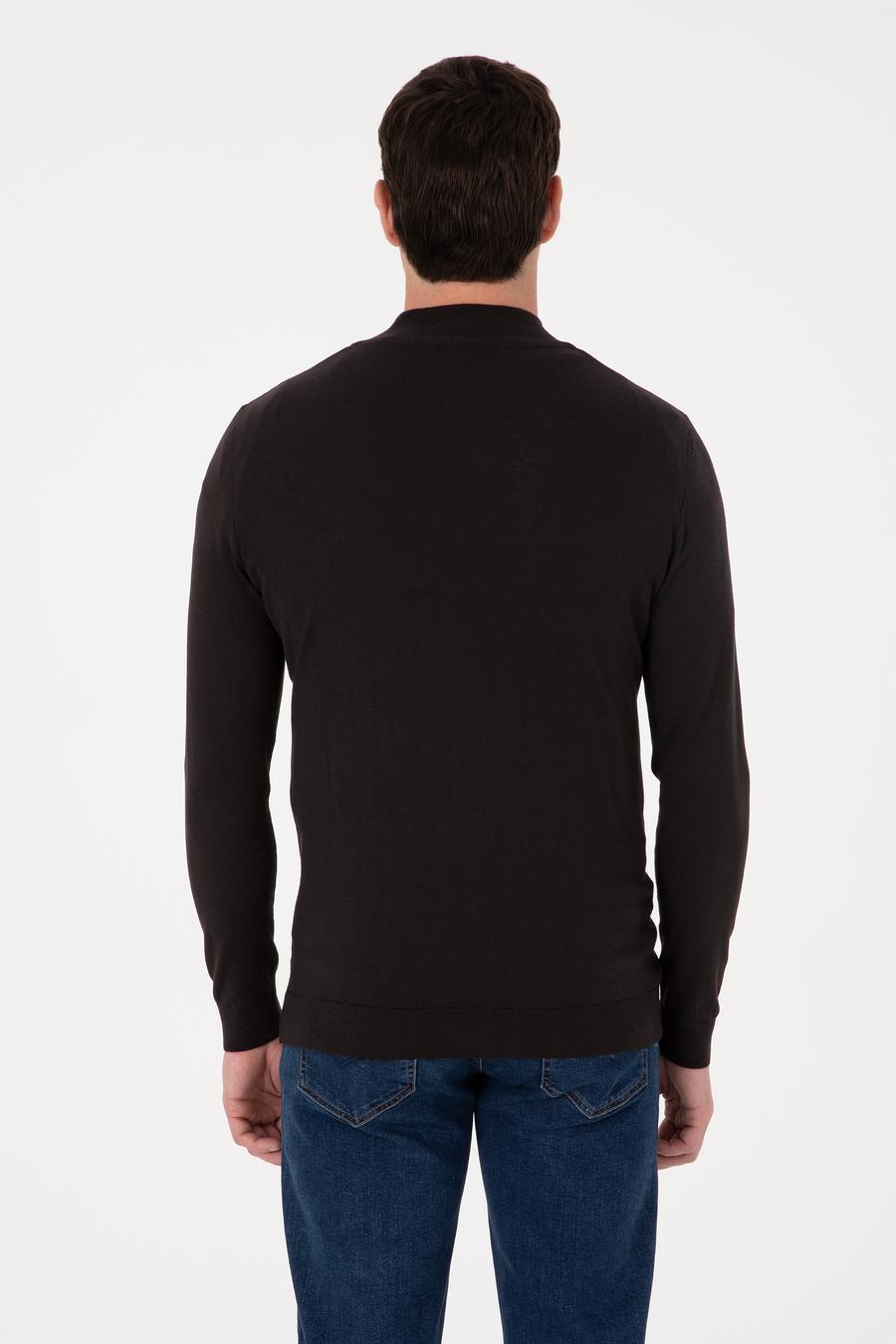 Siyah Slim Fit Pamuk Karışımlı Yarım Fermuarlı Dik Yaka Triko Kazak - 50318981026