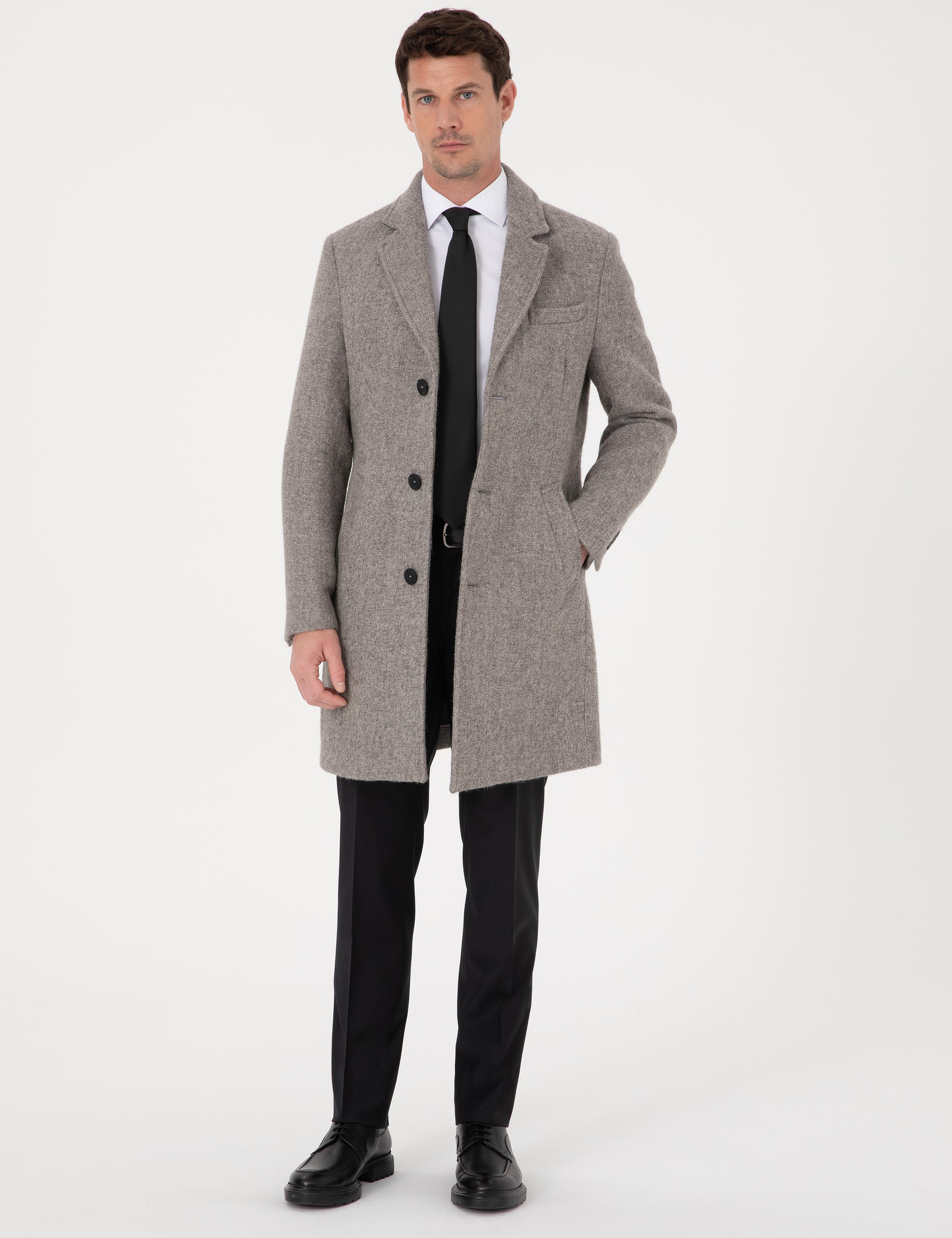 Gri Slim Fit Alpaka Yün Karışımlı Palto - 50314605002