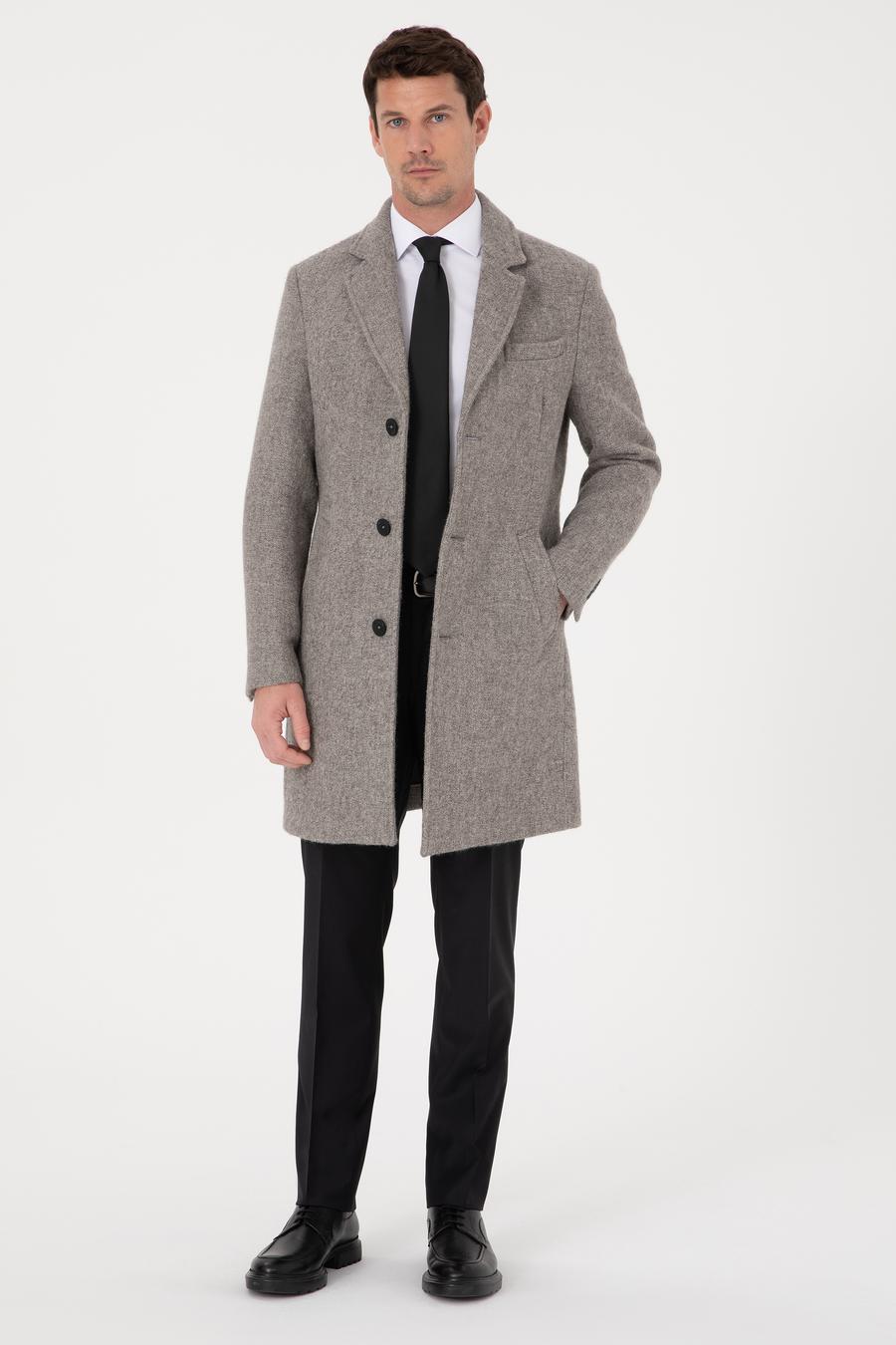 Gri Slim Fit Alpaka Yün Karışımlı Palto - 50314605002