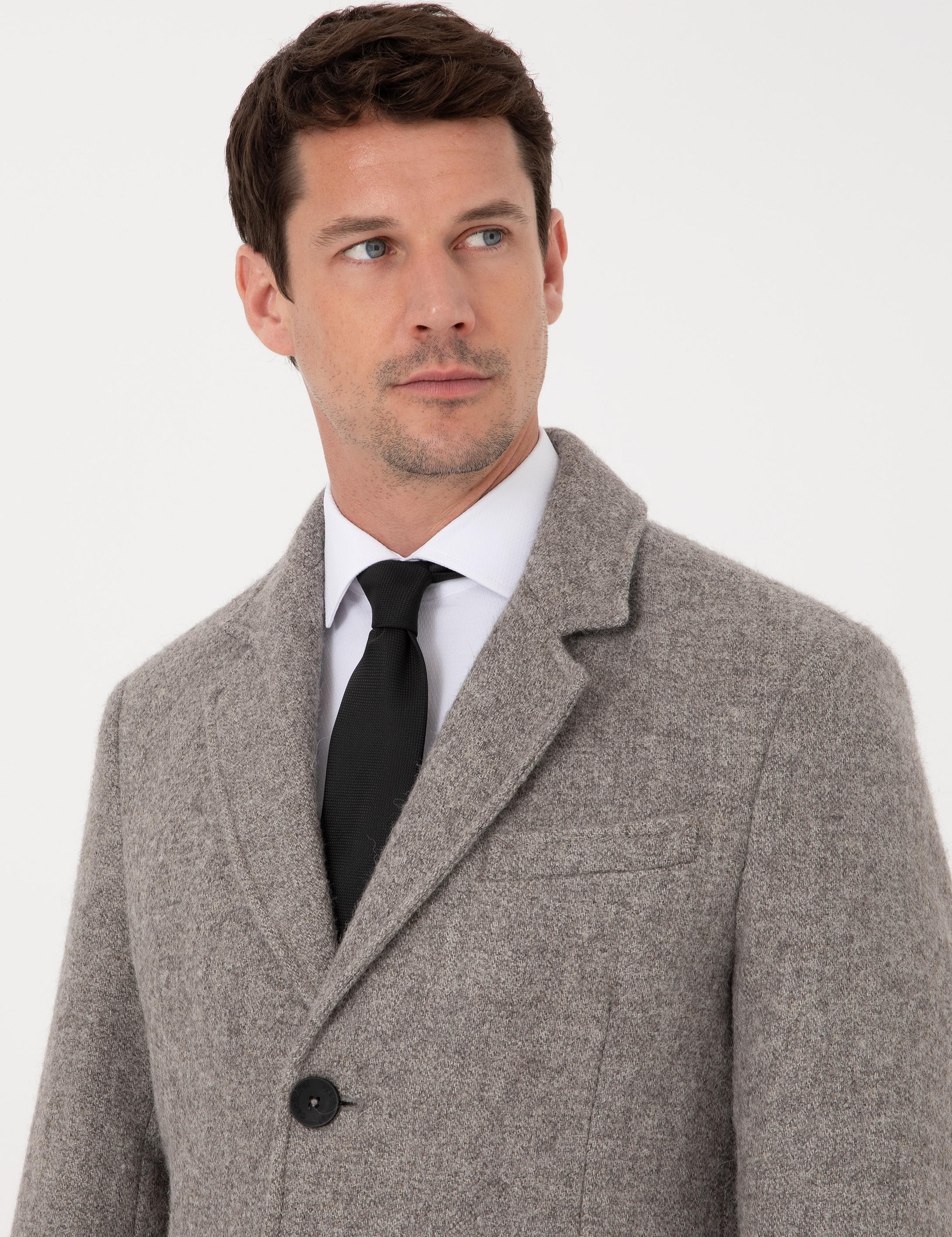 Gri Slim Fit Alpaka Yün Karışımlı Palto - 50314605002