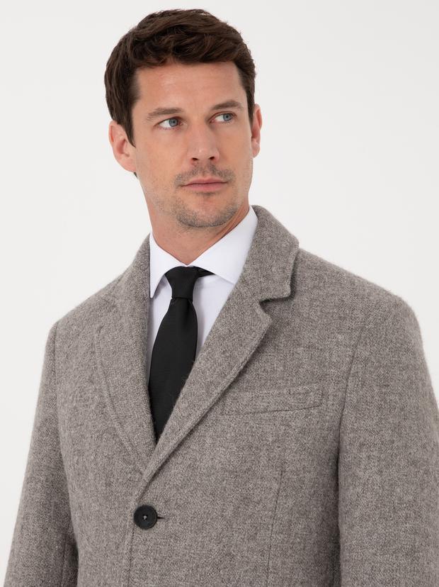 Gri Slim Fit Alpaka Yün Karışımlı Palto